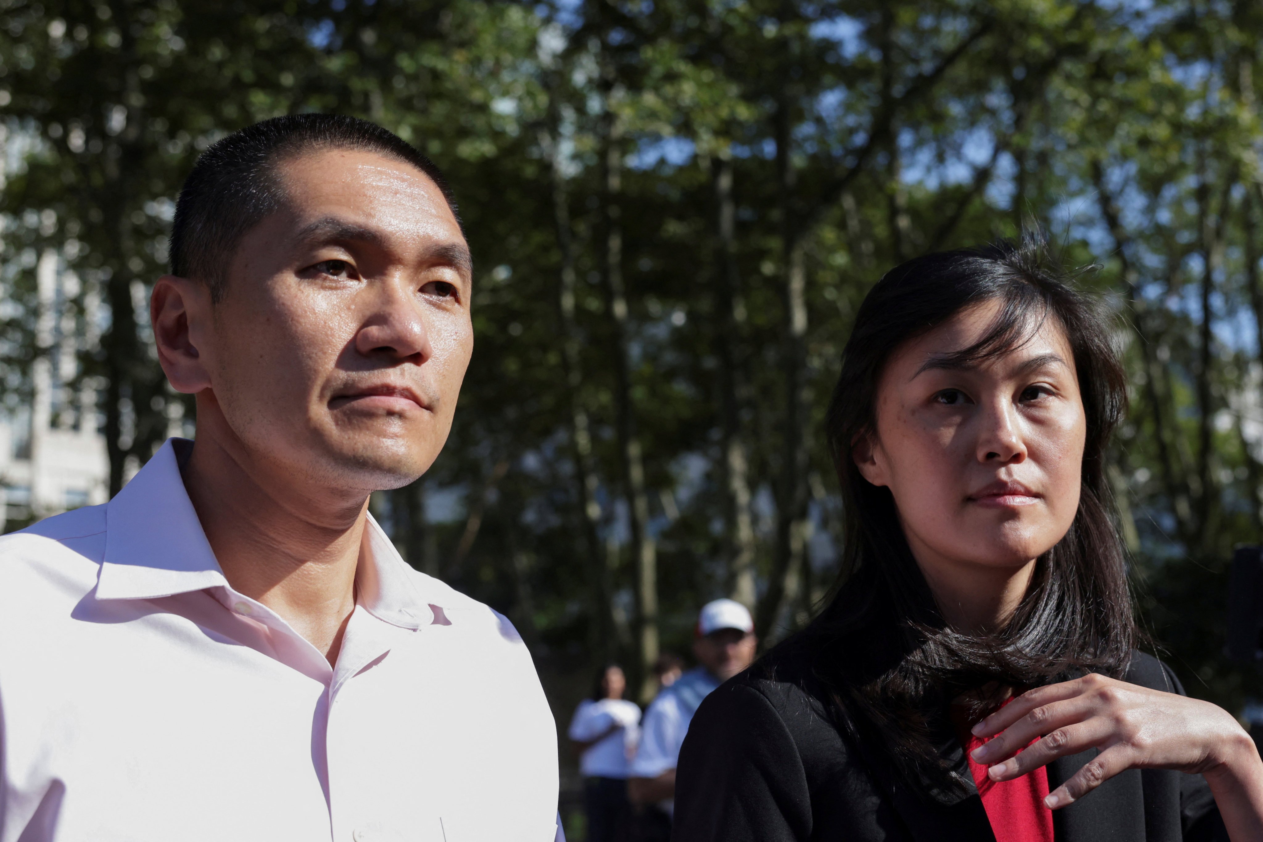 Linda Sun, a former deputy chief of staff to New York Governor Kathy Hochul, and her husband, Chris Hu, exit federal court in Brooklyn after being  arraigned on Tuesday. Photo: Reuters