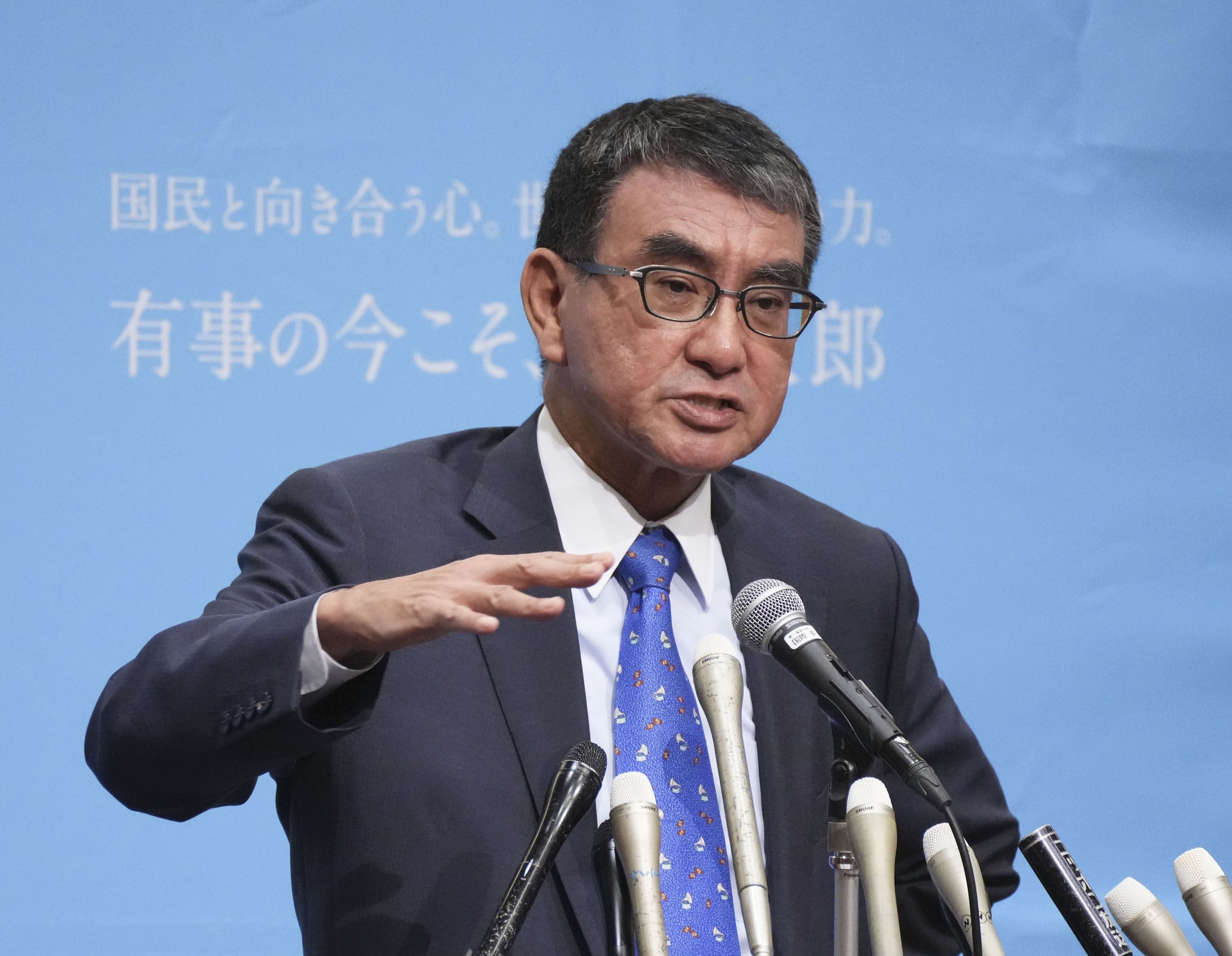 Japan’s Minister for Digital Transformation, Taro Kono, has sparked controversy by suggesting the nation deploy nuclear submarines to counter China’s growing military presence. Photo: Kyodo