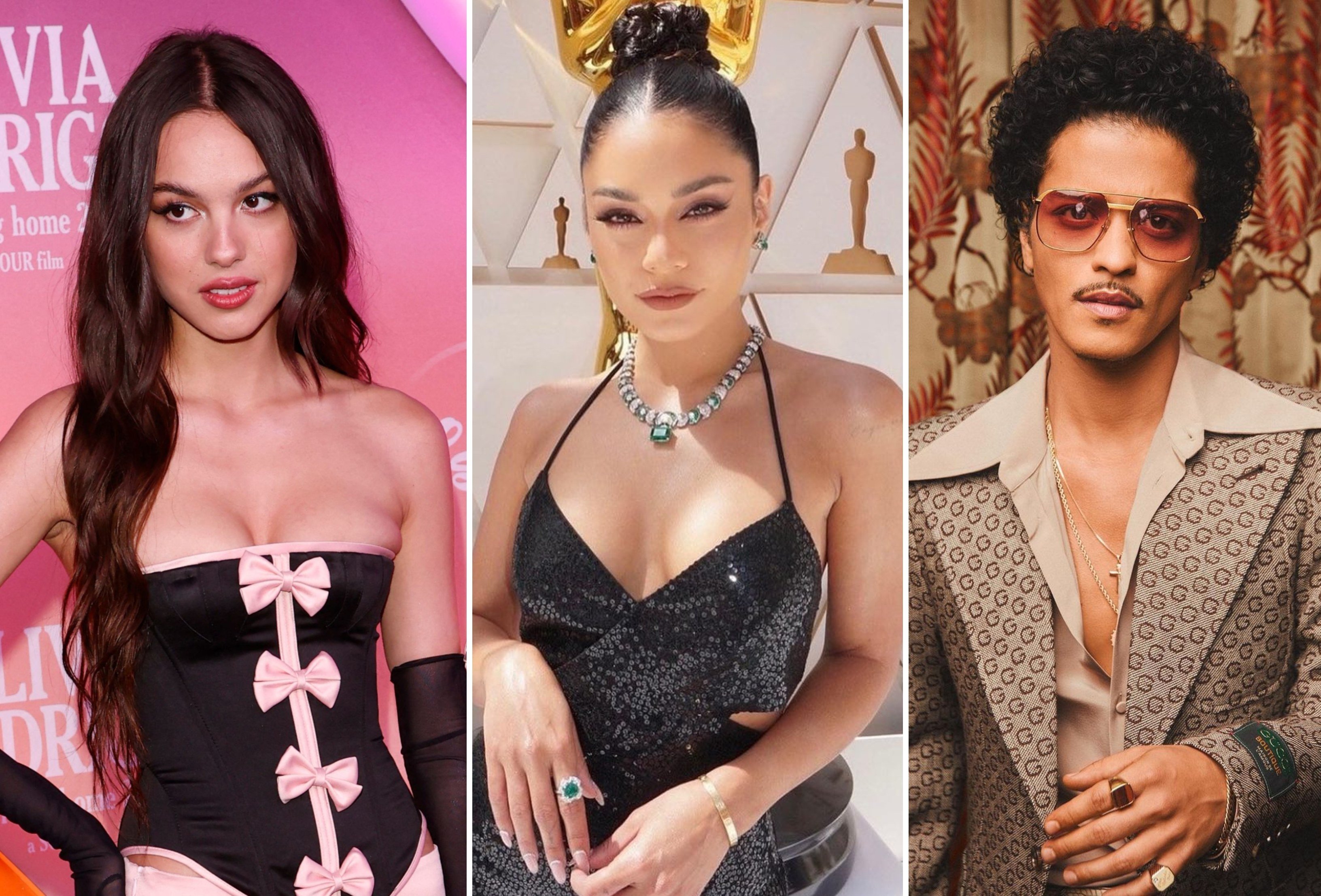 Olivia Rodrigo, Vanessa Hudgens and Bruno Mars are among the celebrities you may not have known are of Filipino descent. Photos: AFP; @vanessahudgens, @brunomars/Instagram