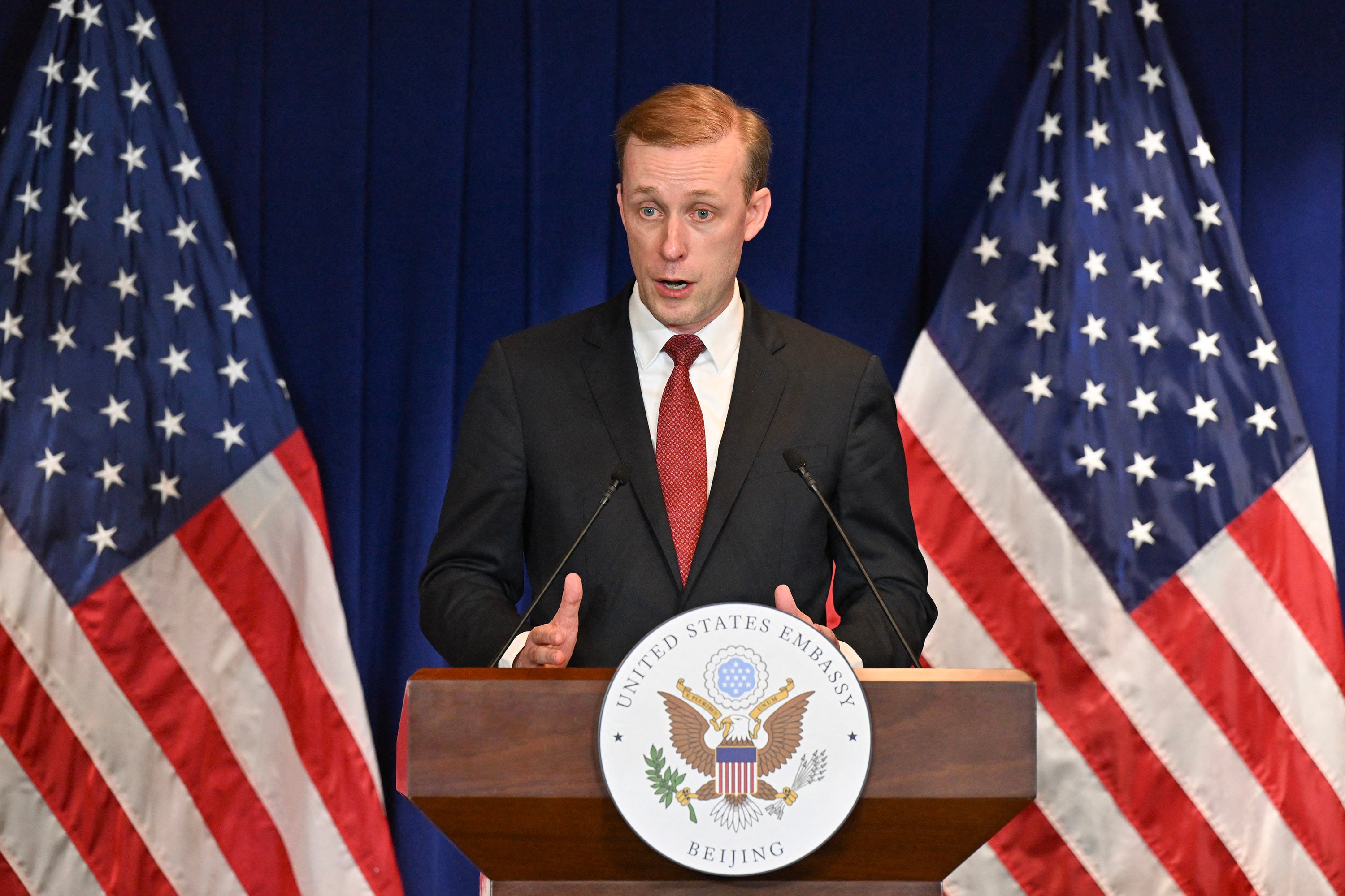 US National Security Advisor Jake Sullivan speaks during a press conference at the US embassy in Beijing, on Aug. 29, 2024. Photo: AFP