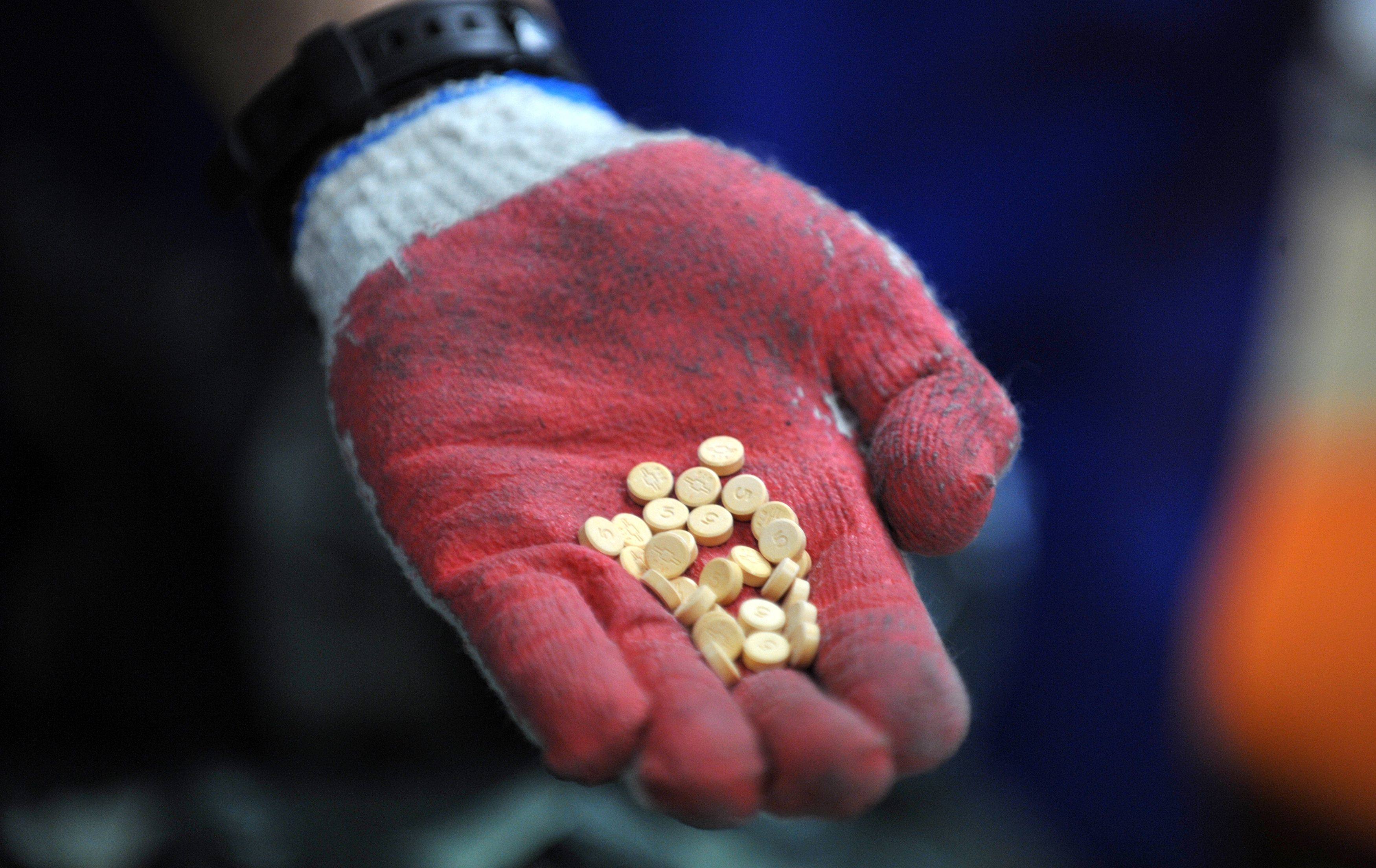 A Malaysian customs officer shows pills seized in the port city of Klang. Photo: AFP