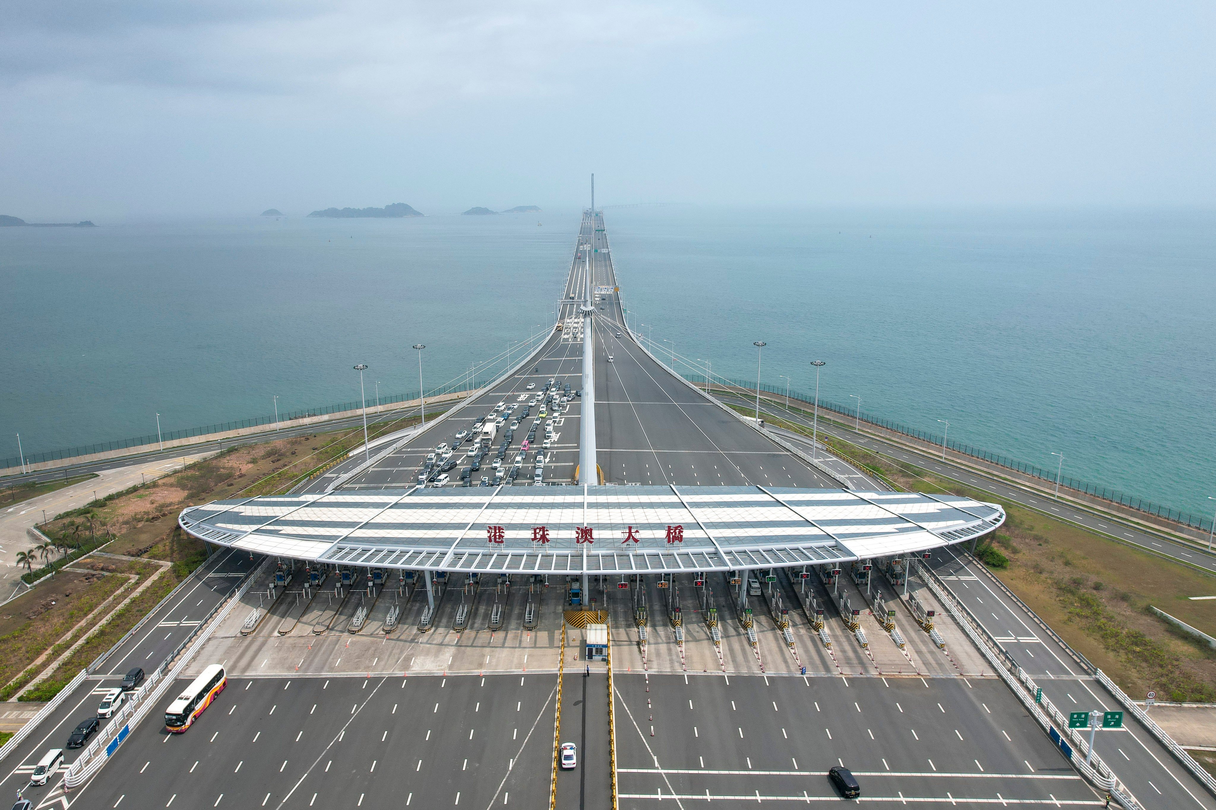 Vehicles arrive at Zhuhai Port on the Hong Kong-Zhuhai-Macao Bridge on March 30, 2024. Photo: Getty Images