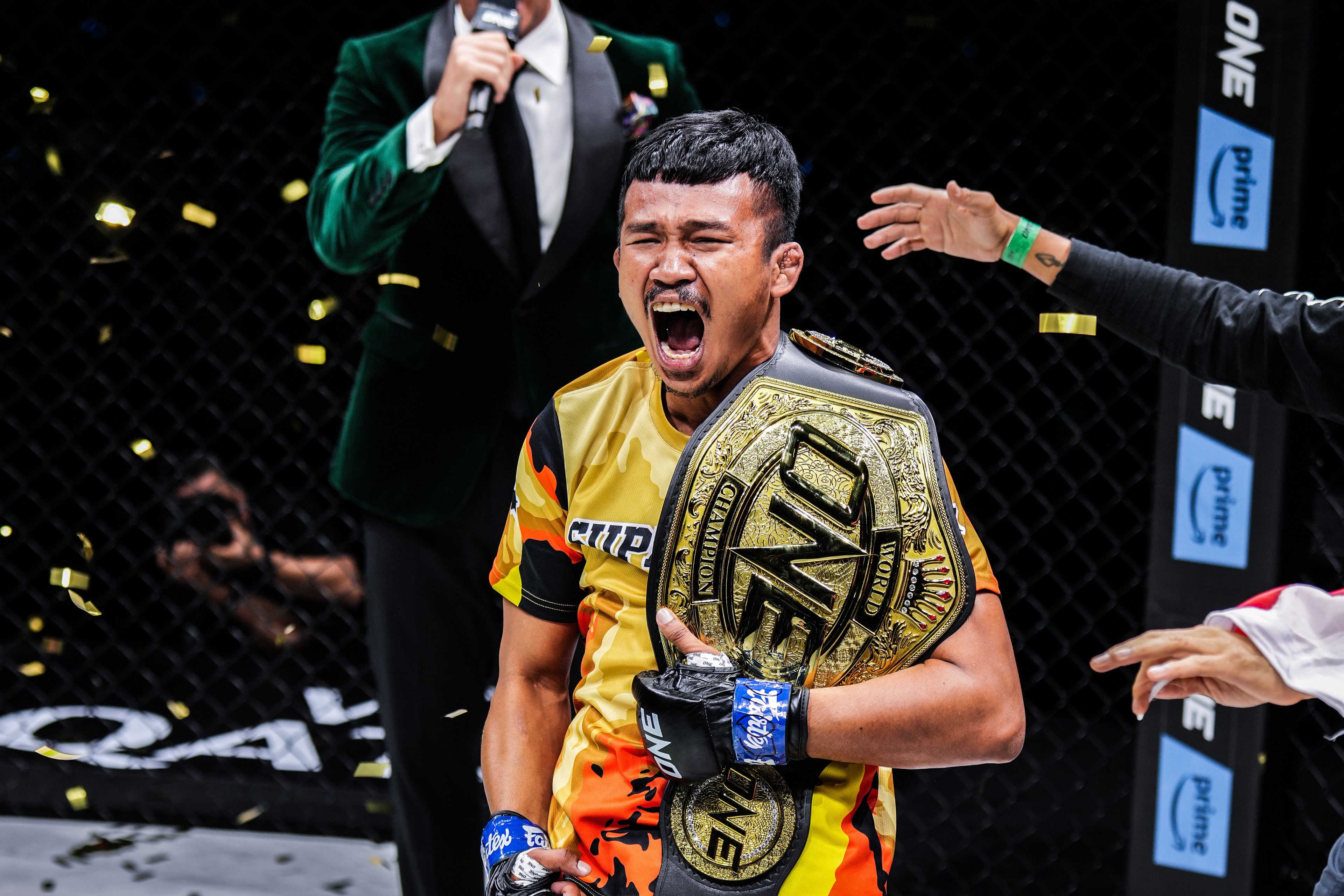 Superlek Kiatmoo9 celebrates after his stunning 49-second knockout victory over Jonathan Haggerty. Photo: ONE Championship