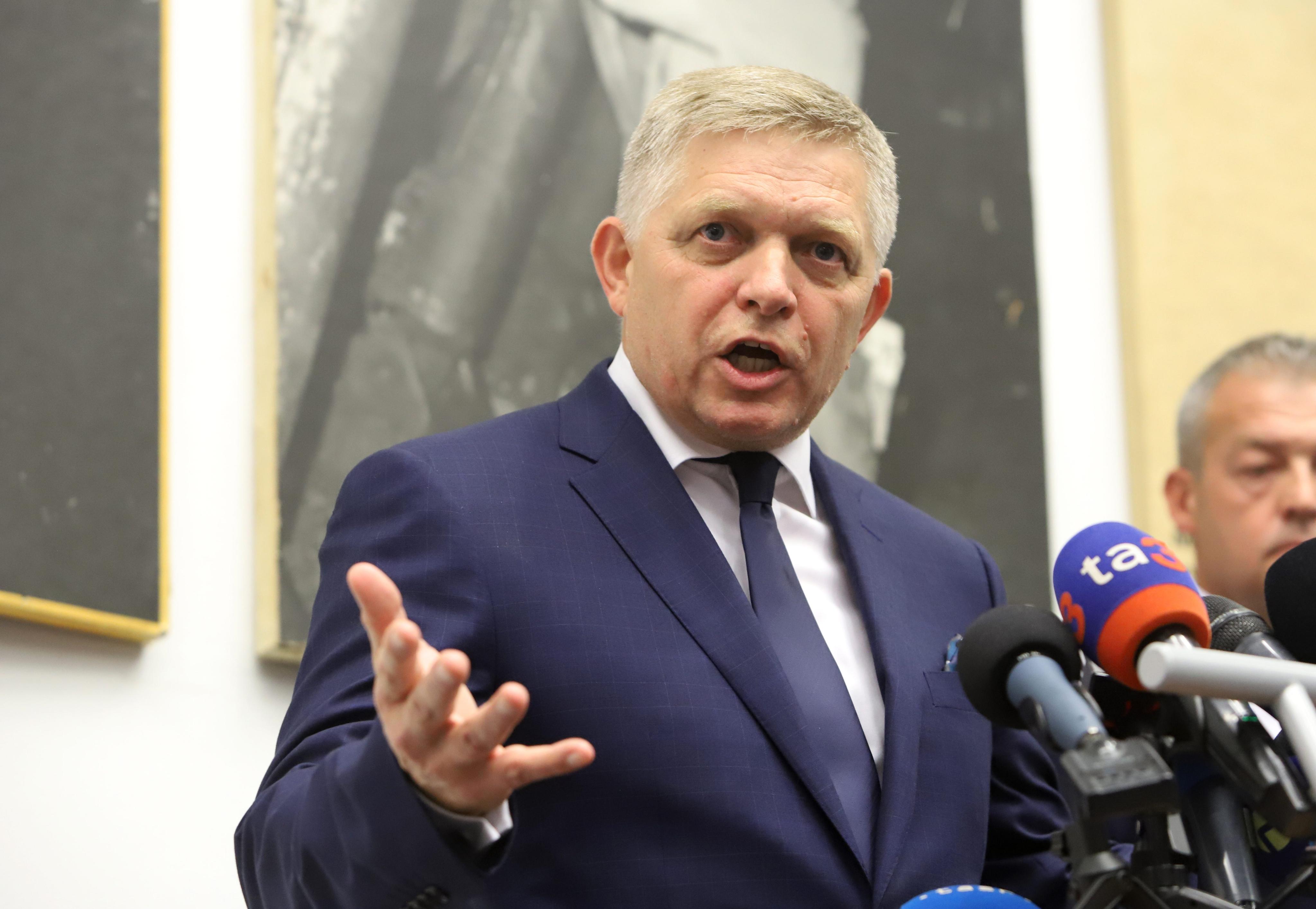 Slovak Prime Minister Robert Fico speaks to the media during his trip to Handlova on Friday. Photo: dpa