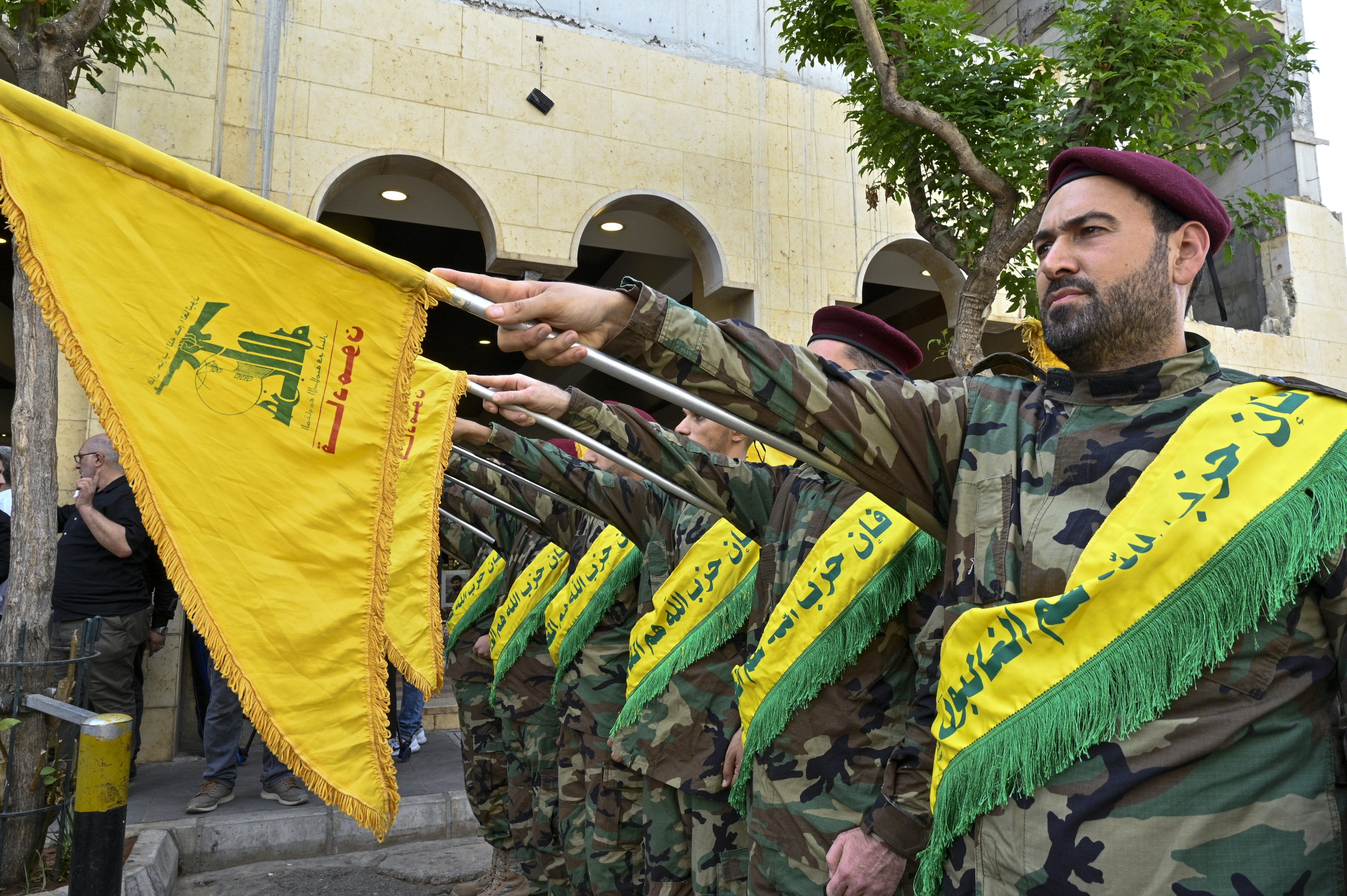 Hezbollah fighters take part in a ceremony to mark the 40th day since the death of Hezbollah senior commander Fuad Shukr, in Beirut, Lebanon, on Saturday. Photo: EPA-EFE