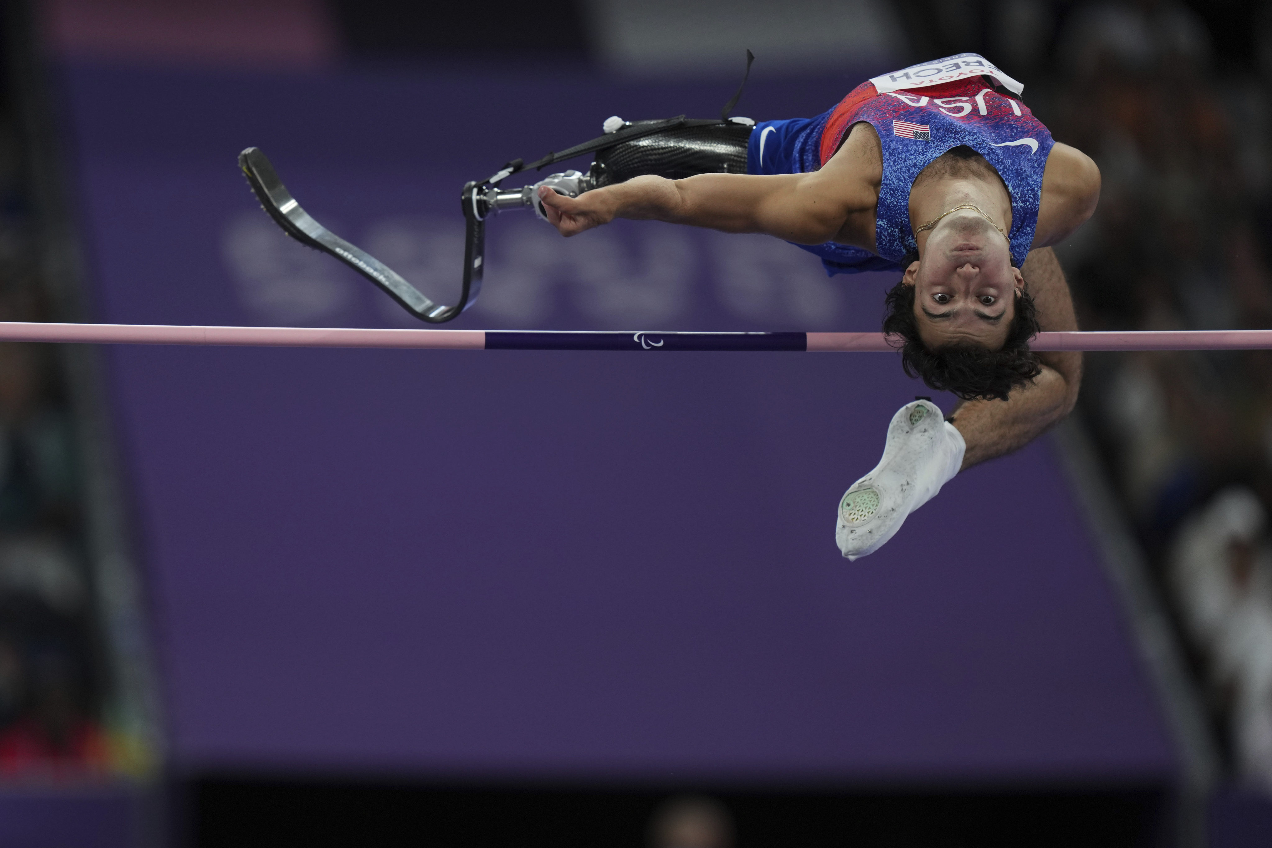 Ezra Frech competes during the men’s high jump T63 final during the Paris Paralympics. Photo: AP
