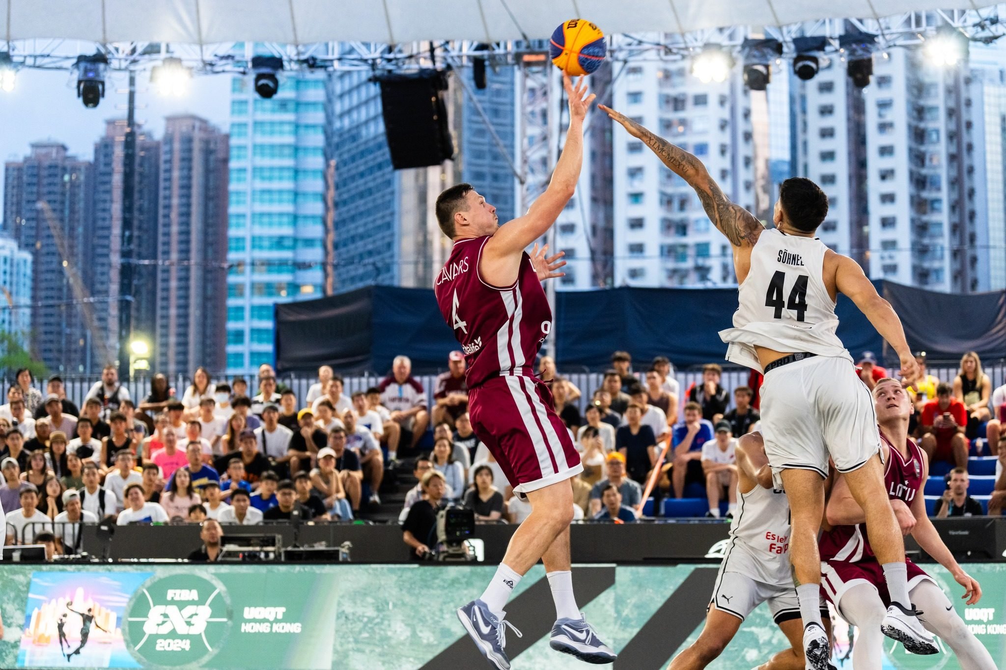 Agnis Cavars (left) in action for Latvia at the Universality Olympic Qualifying Tournament in Hong Kong in April. Photo: 3x3 HKG