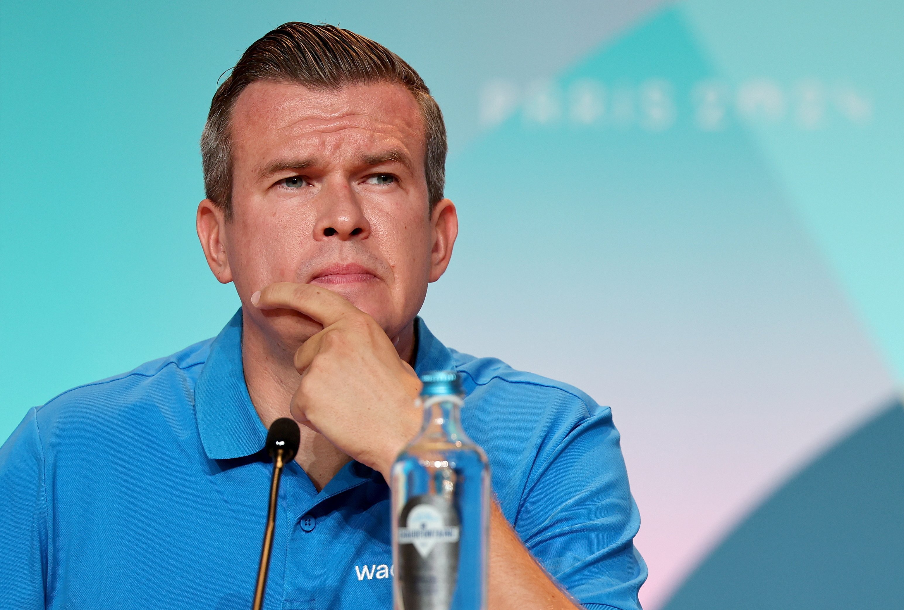 Witold Banka, president of the World Anti-Doping Agency, at a press conference at the Paris Olympics. Photo: EPA-EFE