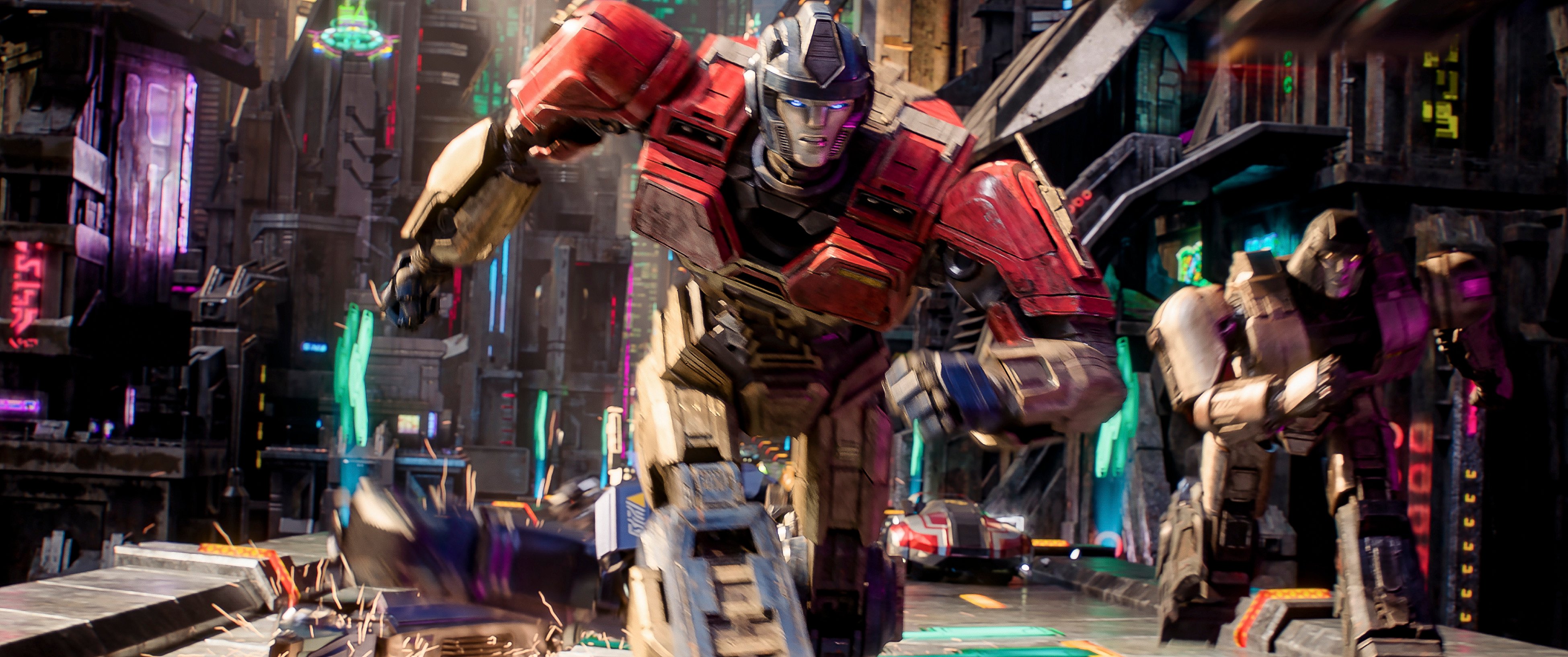 Orion Pax (left, voiced by Chris Hemsworth) and D-16 (Brian Tyree Henry) in a still from Transformers One (category I), directed by  Josh Cooley.

