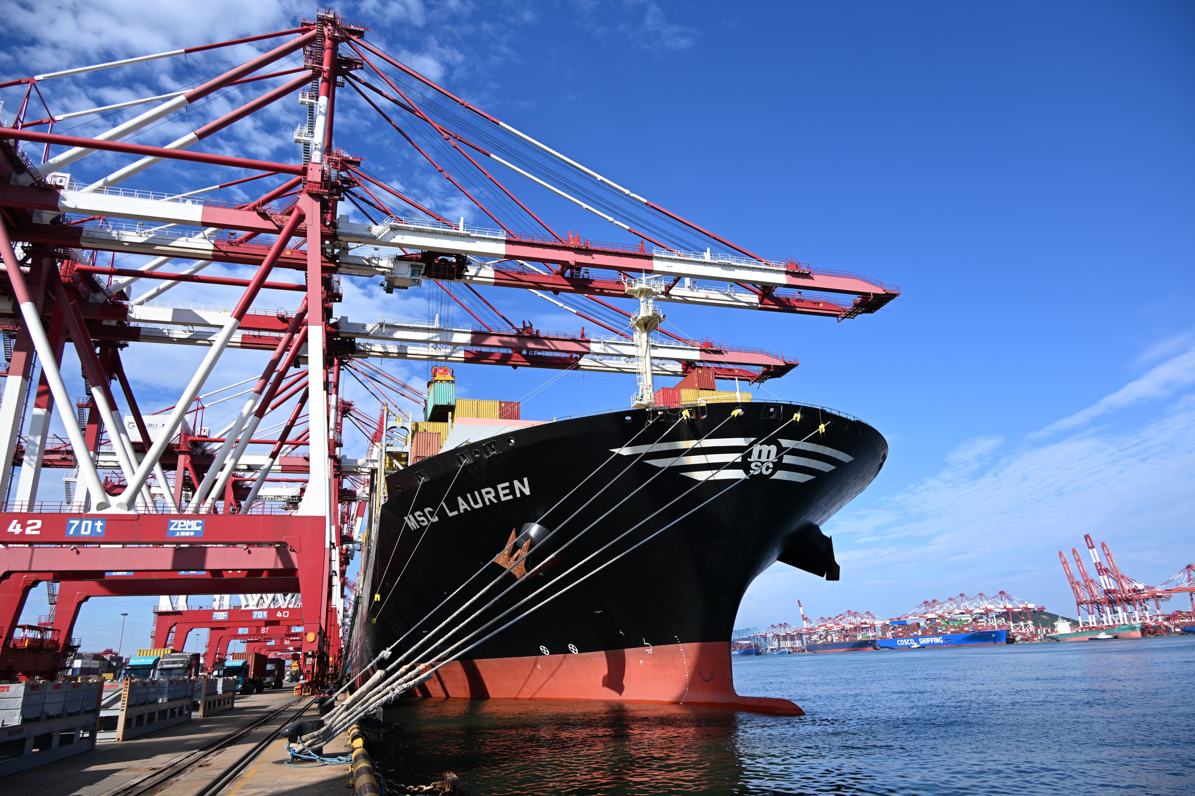 A cargo ship berths at Qianwan Port in Qingdao, Shandong province. Photo: Xinhua