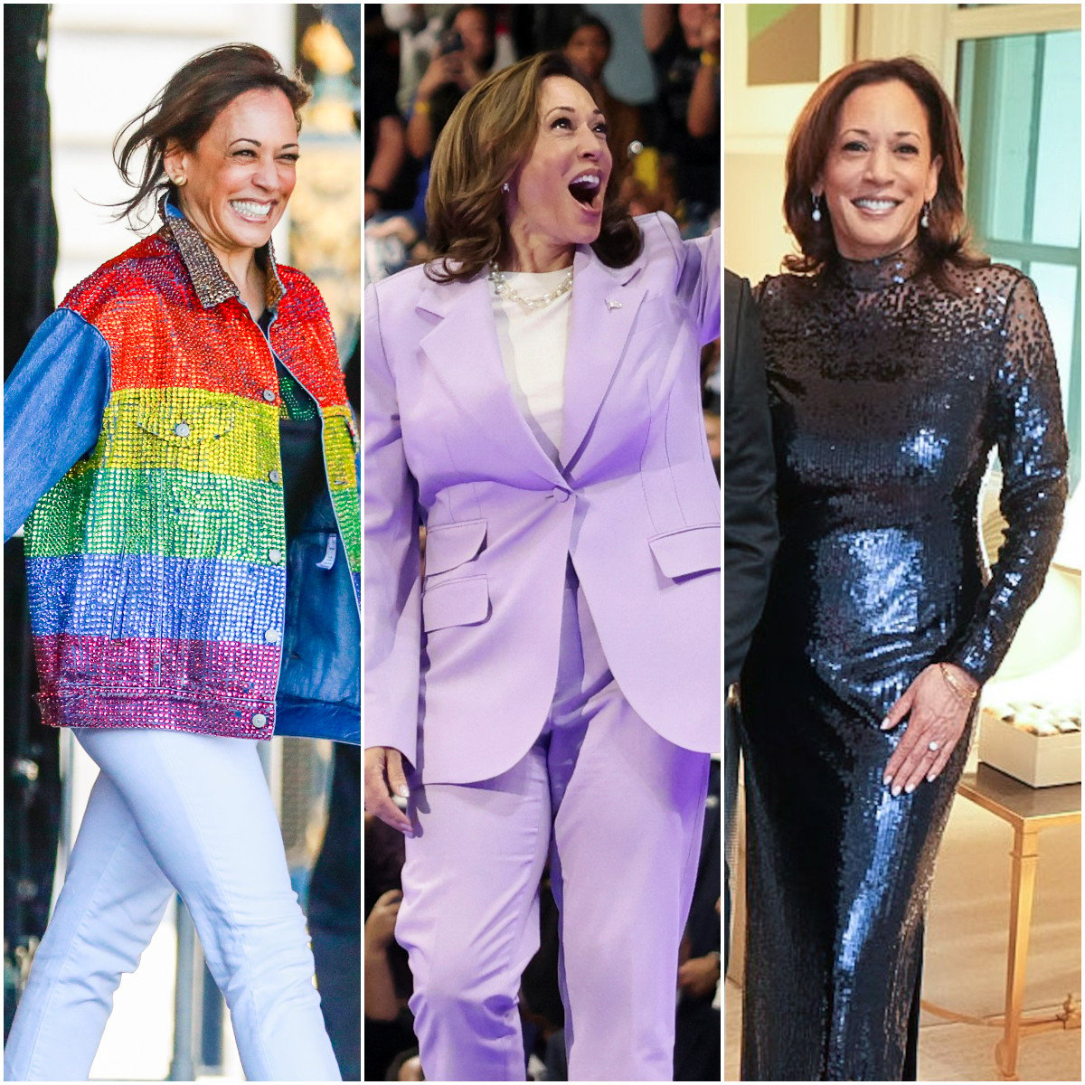 The many faces of Kamala Harris, from pride to pantsuits, pictured at (left to right): the 2019 Pride march in San Francisco; speaking at the University of Nevada, Las Vegas in August 2024; and the 2023 White House Correspondents’ Association dinner at the Washington Hilton. Photos: Getty Images, Reuters, Handout