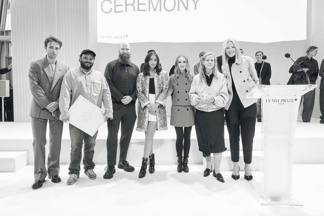 LVMH Prize 2024 winner Ellen Hodakova Larsson and award winners Duran Lantink and Michael Stewart with presenters Natalie Portman, Robert Pattinson and Ana de Armas. Photo: @lvmhprize/Instagram