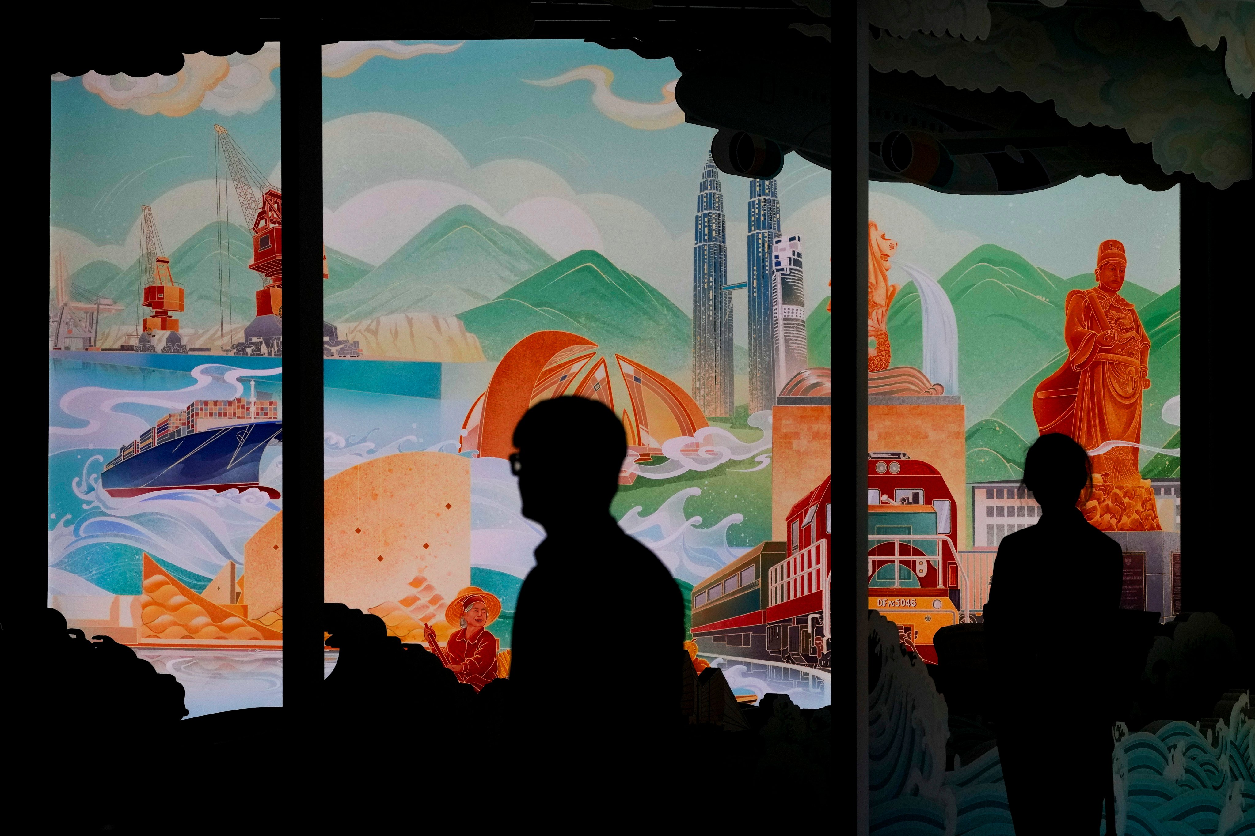 An art display depicting China’s Belt and Road Initiative at the China National Convention Center in Beijing,in October 2023. AP Photo.