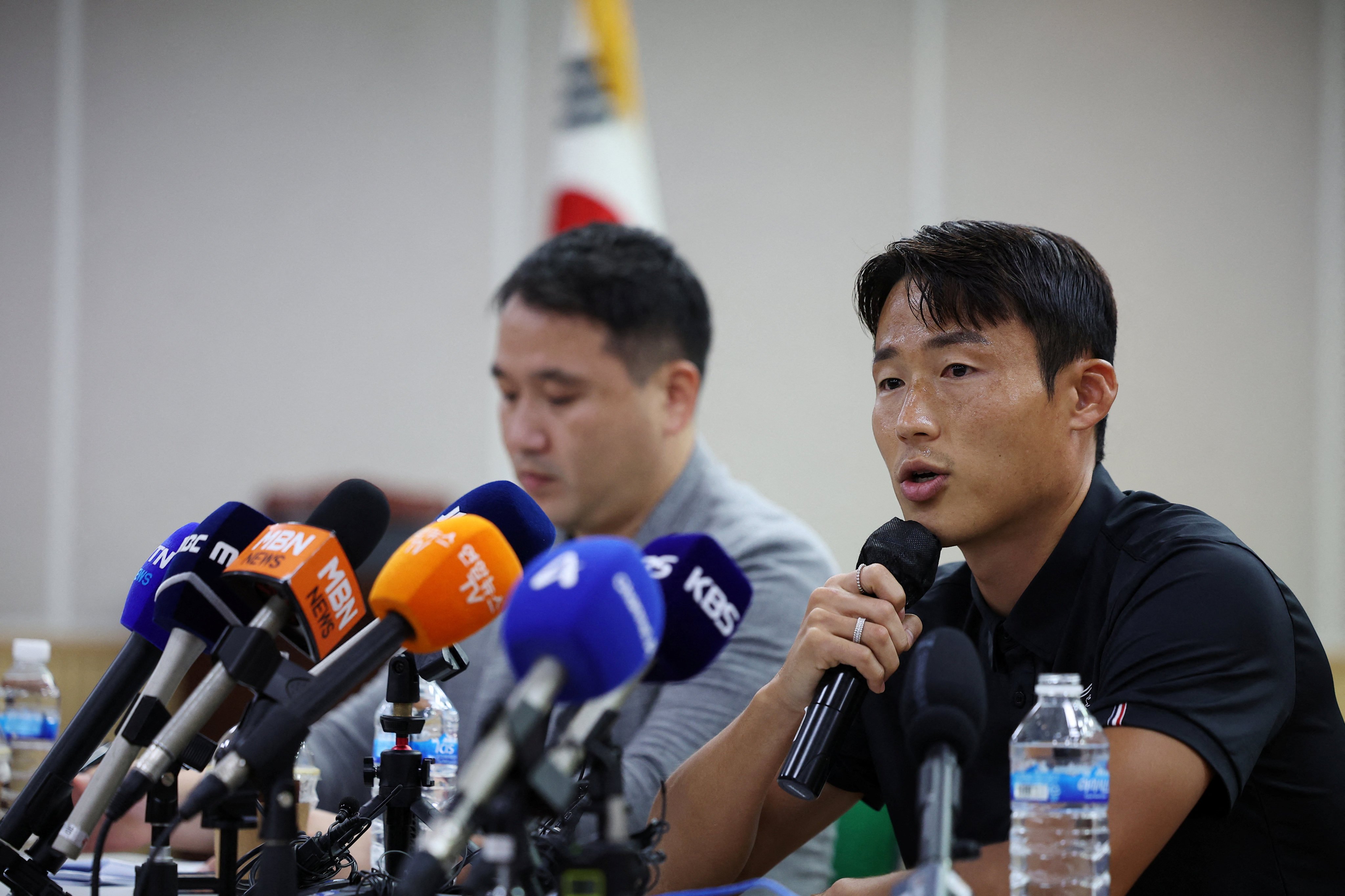 South Korean player Son Jun-ho speaks during a news conference after China’s football association banned him for life. Photo: Reuters