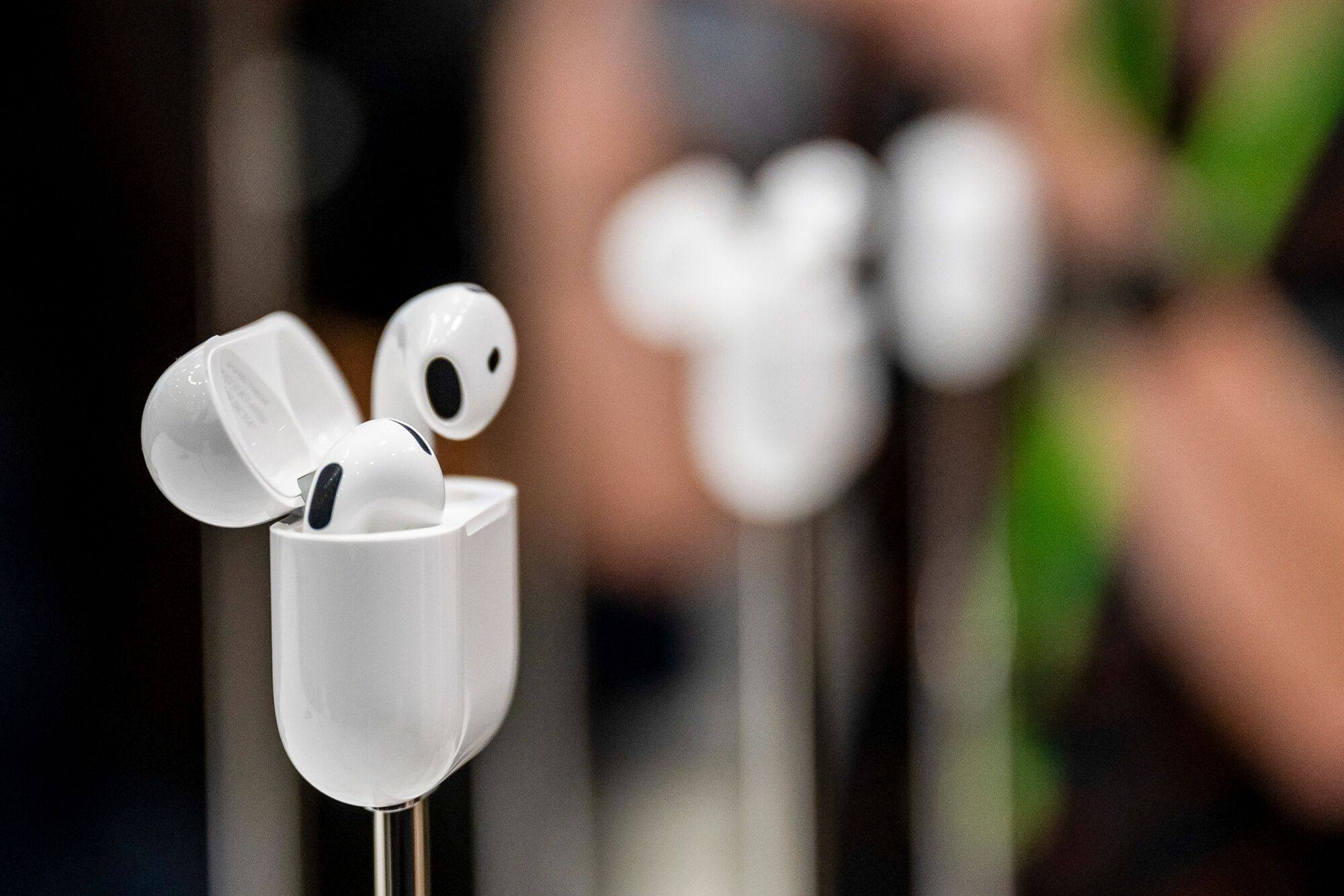 New Apple AirPods on display at Apple headquarters in California on September 9, 2024. Photo: Bloomberg