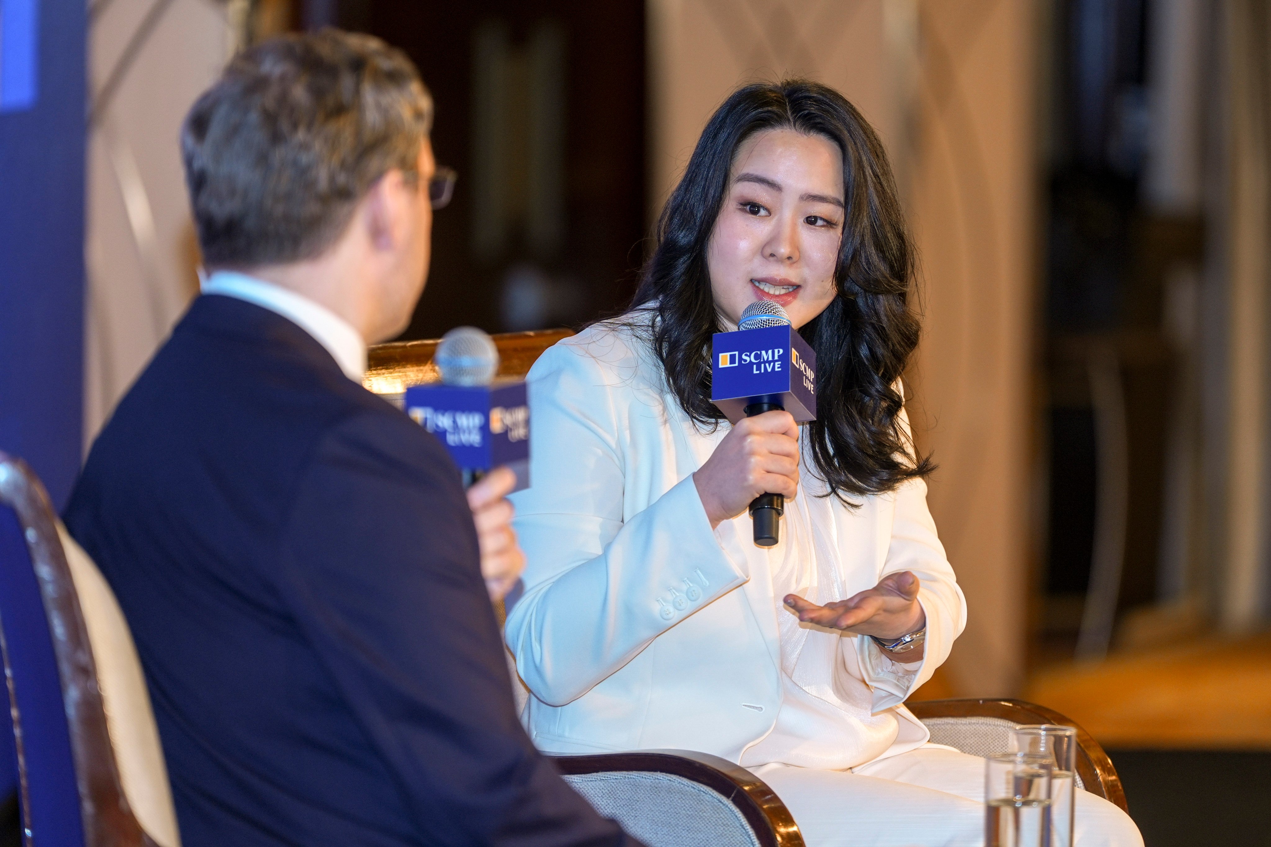 Lazada Thailand CEO Varitha Kiatpinyochai (right) discusses e-commerce trends in Southeast Asia with South China Morning Post technology production editor Matt Haldane at the Hong Kong-Asean Summit 2024 on September 13. Photo: Eugene Lee