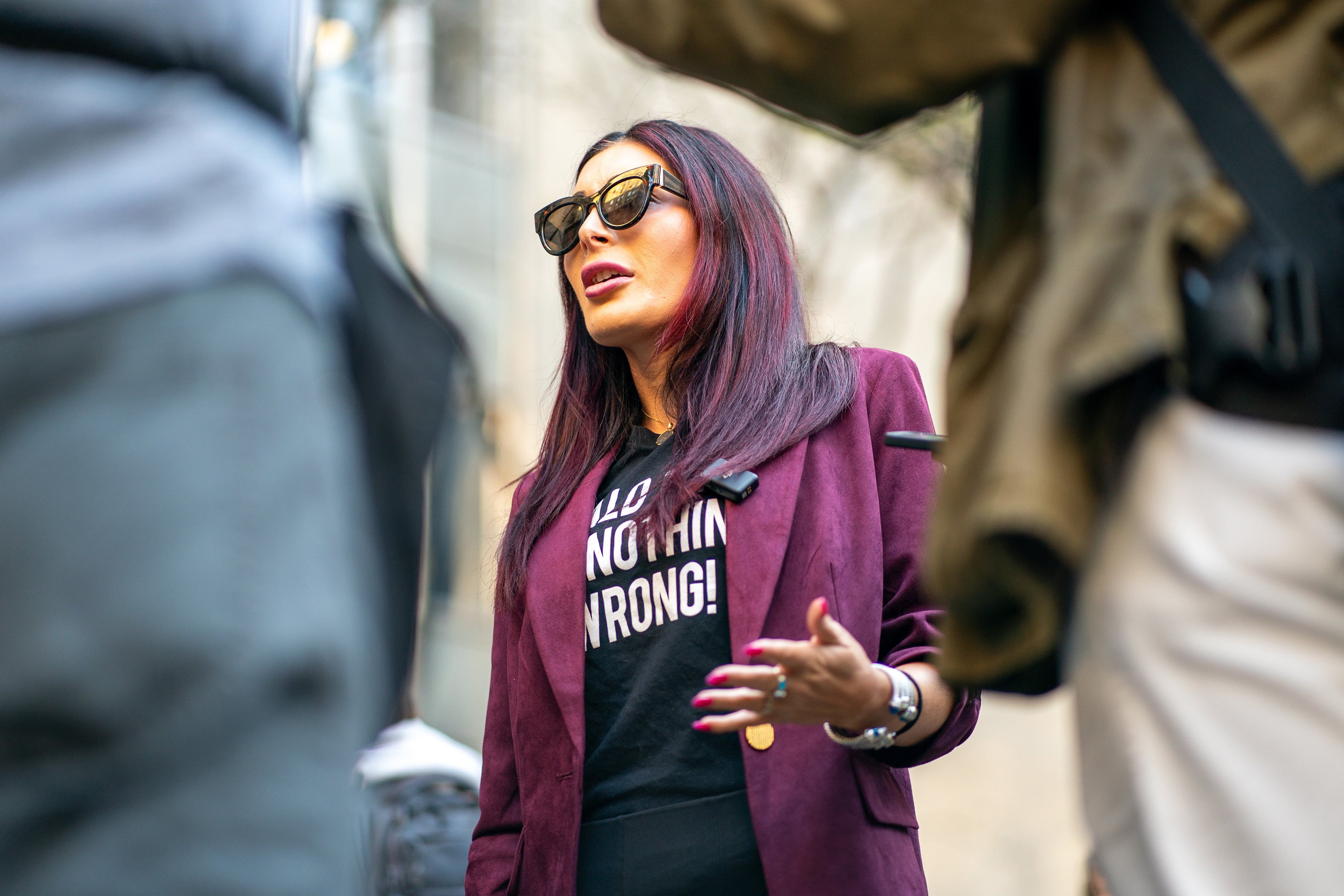 MAGA activist Laura Loomer speaks to the media before the start of Donald Trump’s trial at Manhattan Criminal Court in April. Photo: TNS