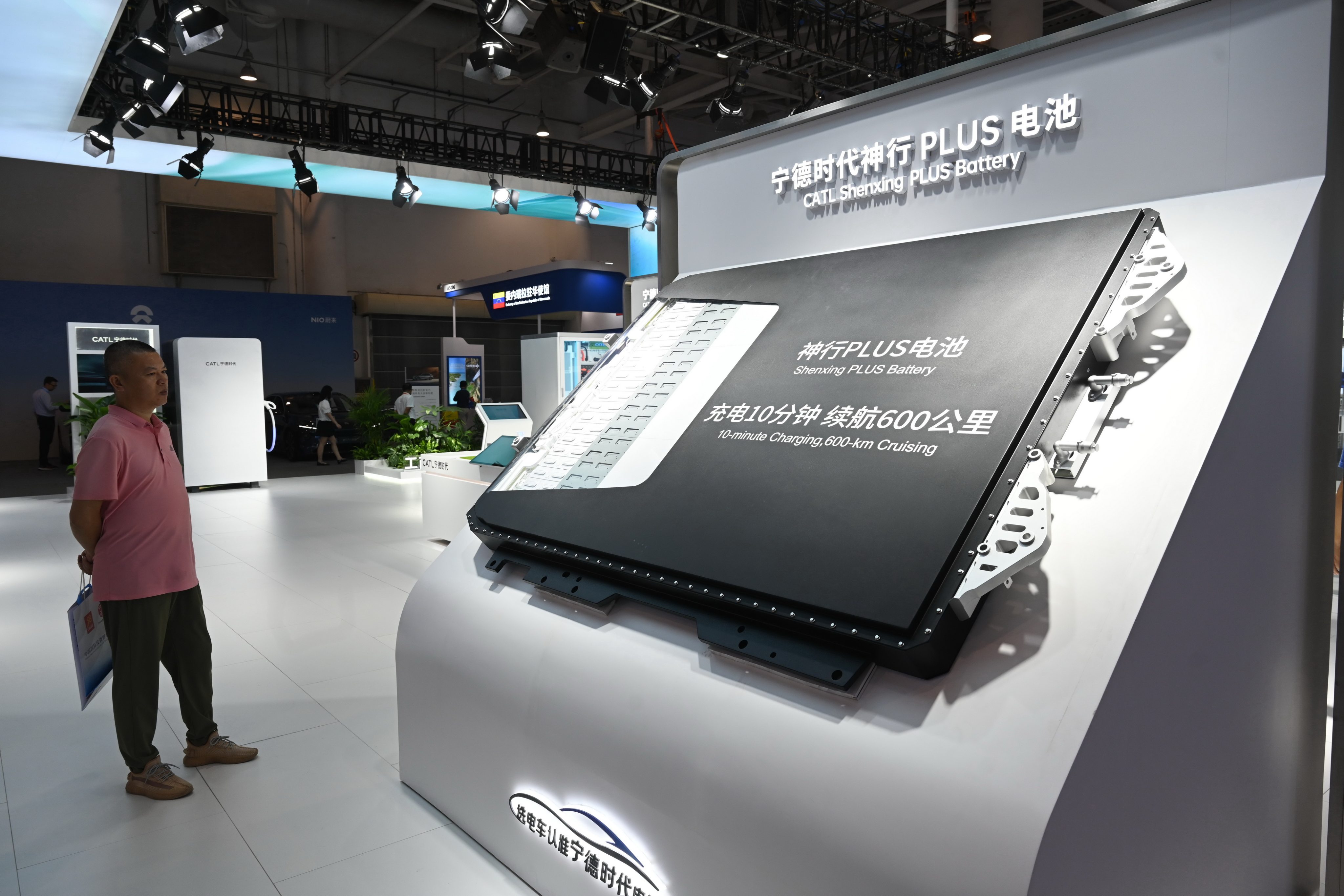 A CATL “Shenxing Plus” battery at a trade fair in Xiamen, Fujian province, on Tuesday. The US House has passed a bill to restrict tax credits for any EV using Chinese battery technology. Photo: Xinhua