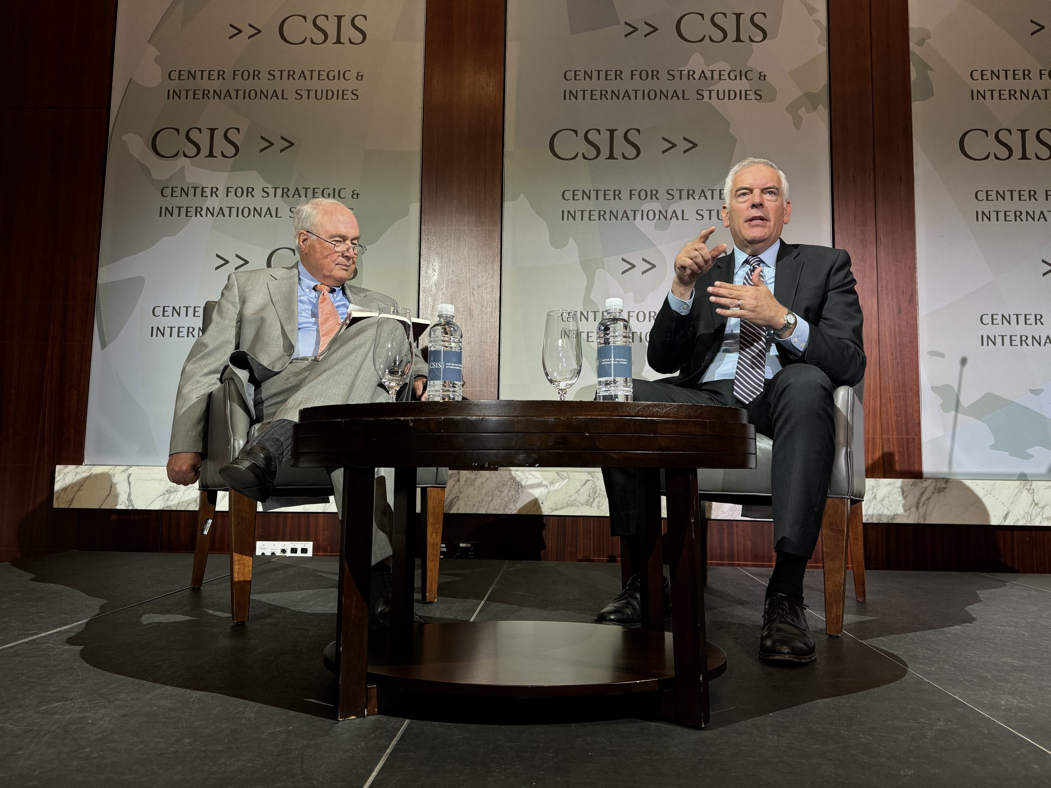 Matthew Axelrod (right), US assistant secretary for export enforcement at the Department of Commerce, speaks at the Centre for Strategic and International Studies in Washington on Thursday, with William Reinsch of CSIS.