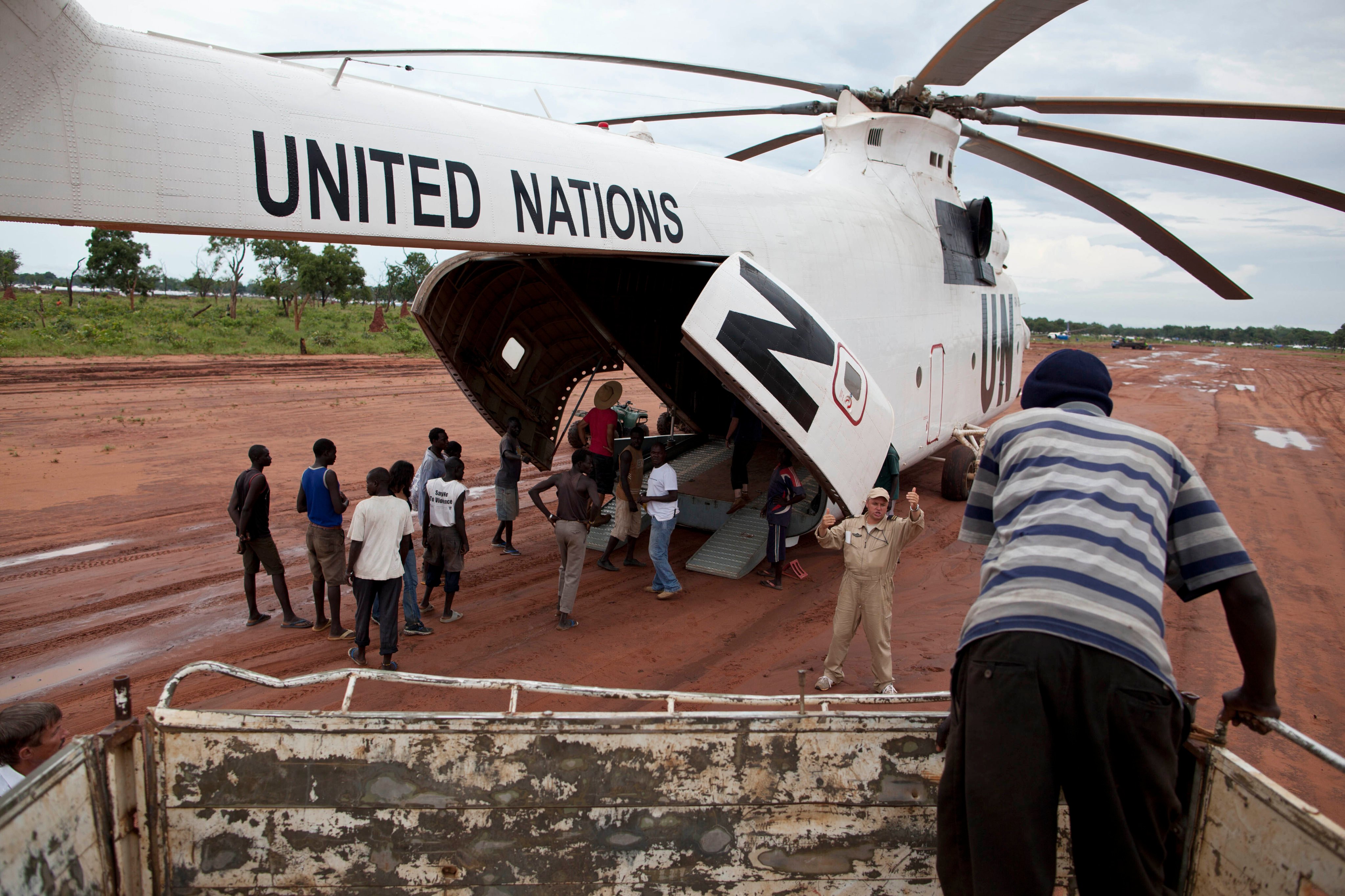 A World Food Programme truck backs up to load food items from a recently landed UN helicopter, in Yida camp, South Sudan, on Saturday. Photo: AP