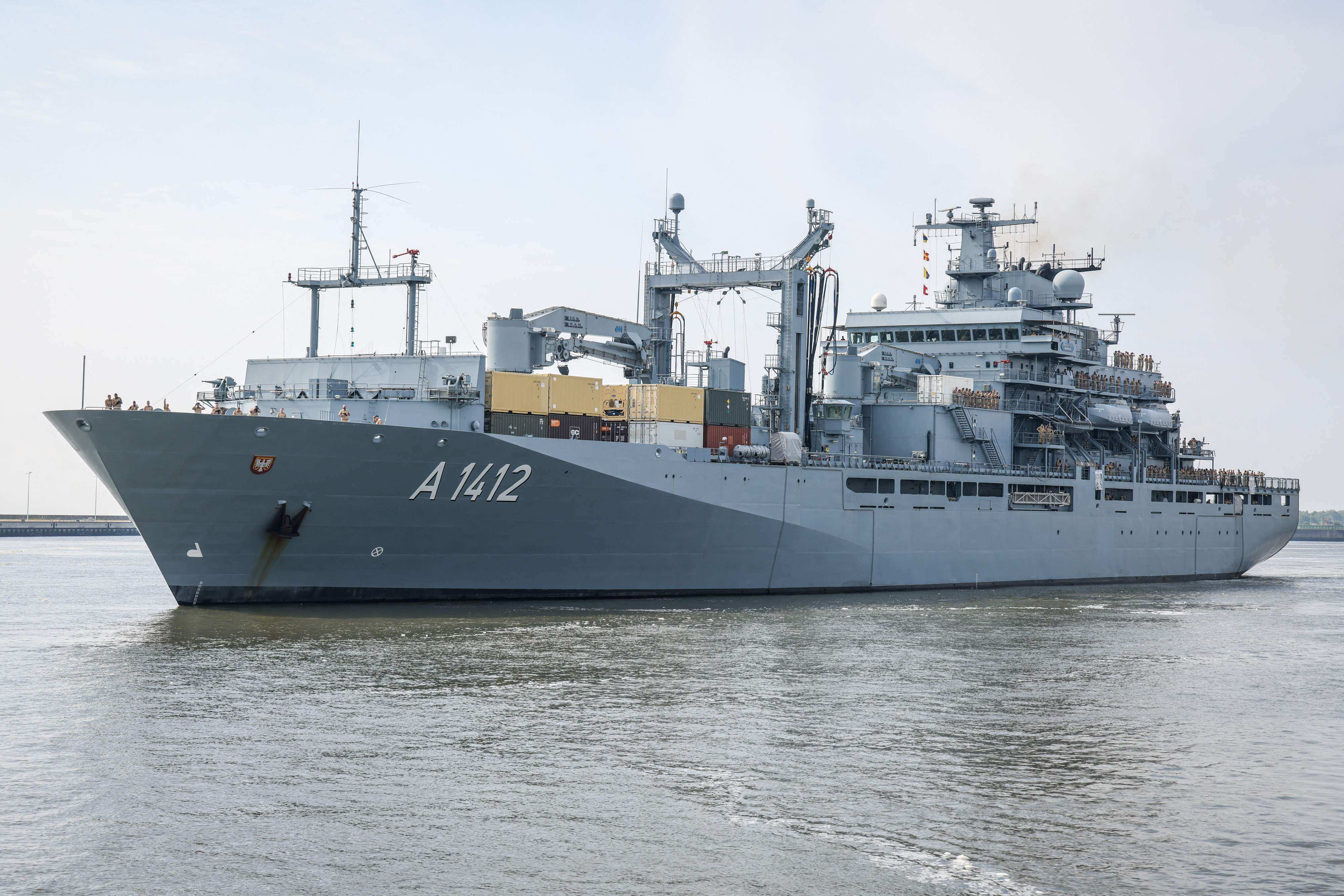 (The replenishment ship Frankfurt am Main, seen here in northwest Germany in May, is one of two German Navy vessels that sailed through the Taiwan Strait on Friday. Photo: AFP