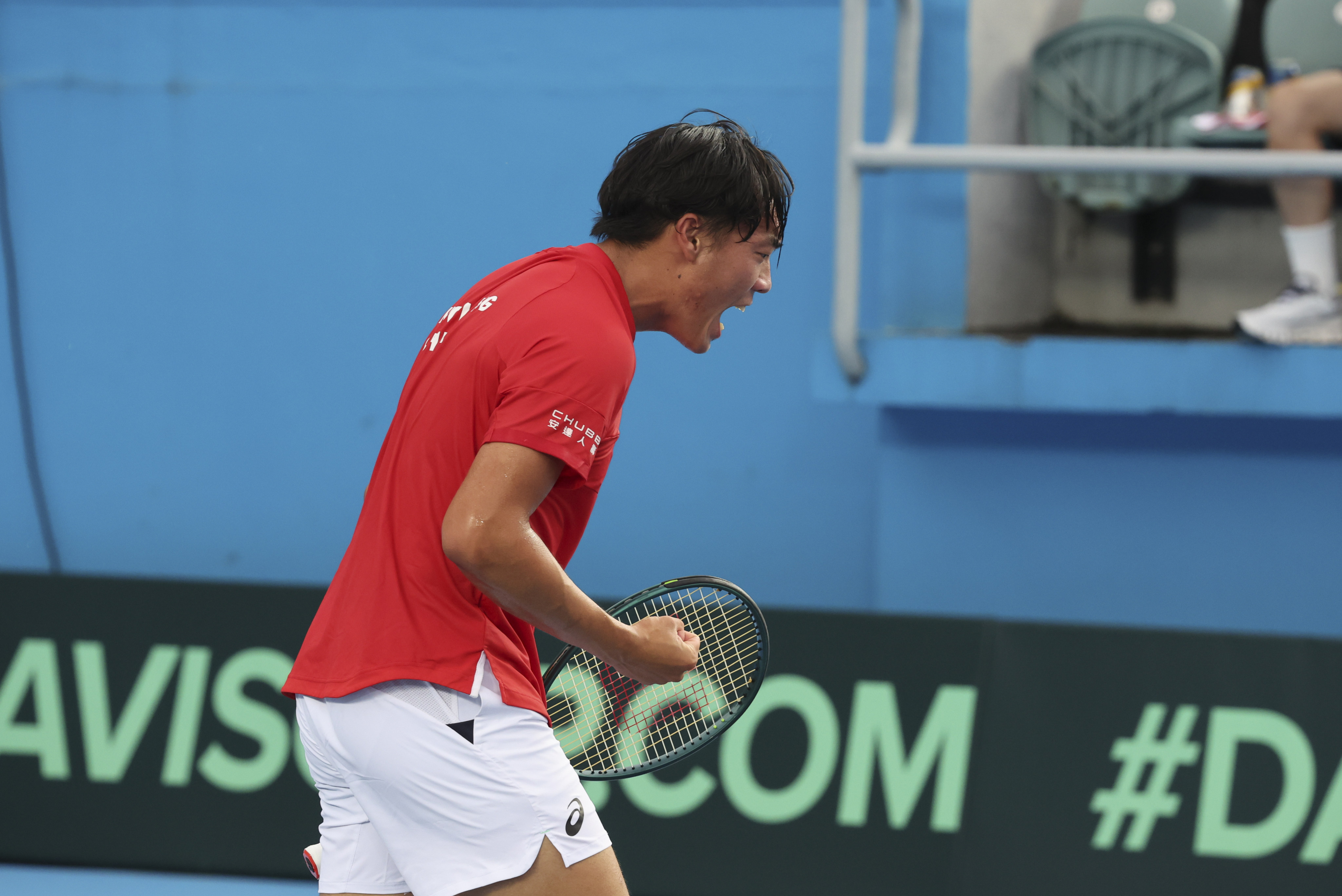 Coleman Wong celebrates winning a point during his Davis Cup match against Ecuador’s Marcos Lee at Victoria Park Tennis Stadium. Photo: Dickson Lee