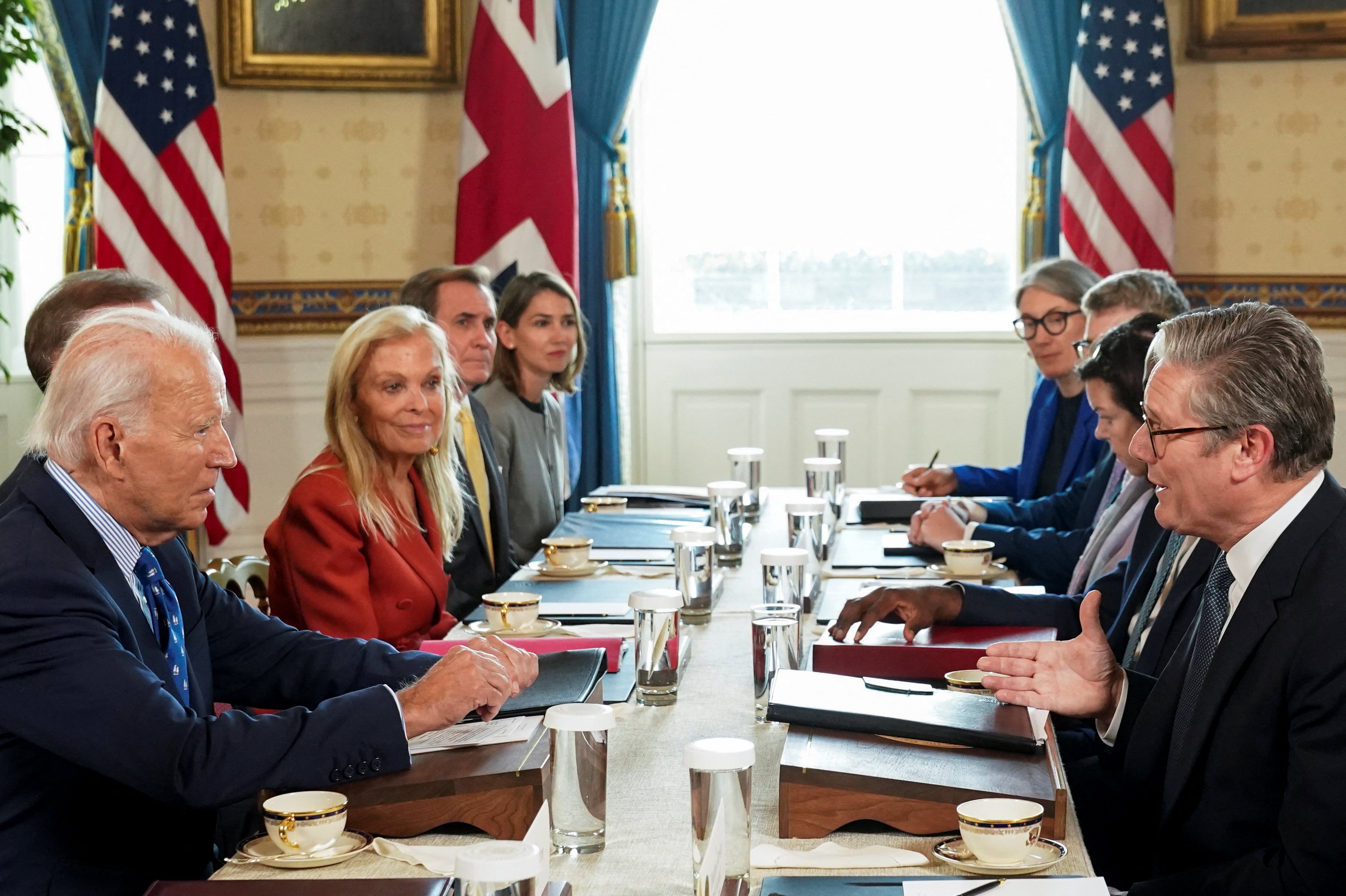 US President Joe Biden (left) meets Britain’s Prime Minister Keir Starmer  (right) at the White House on Friday. Photo: Reuters