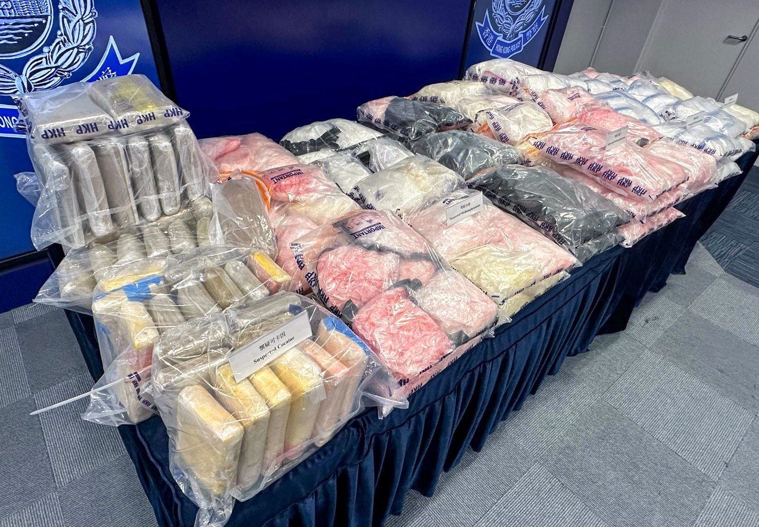 Hong Kong police have said they found 335kg of solid Ice and 55kg of cocaine during the operation. Photo: Handout