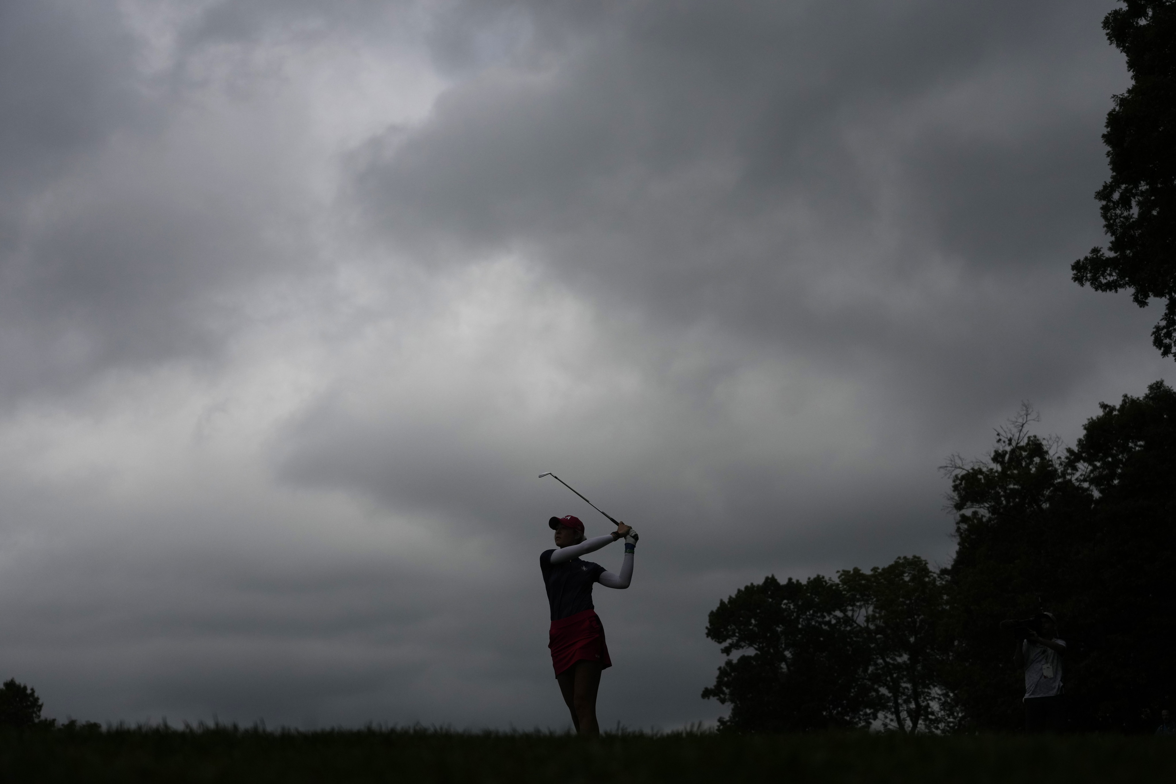 United States’ Nelly Korda watches her shot on the first hole during the first day of the Solheim Cup at Robert Trent Jones Golf Club in Gainesville. Photo: AP