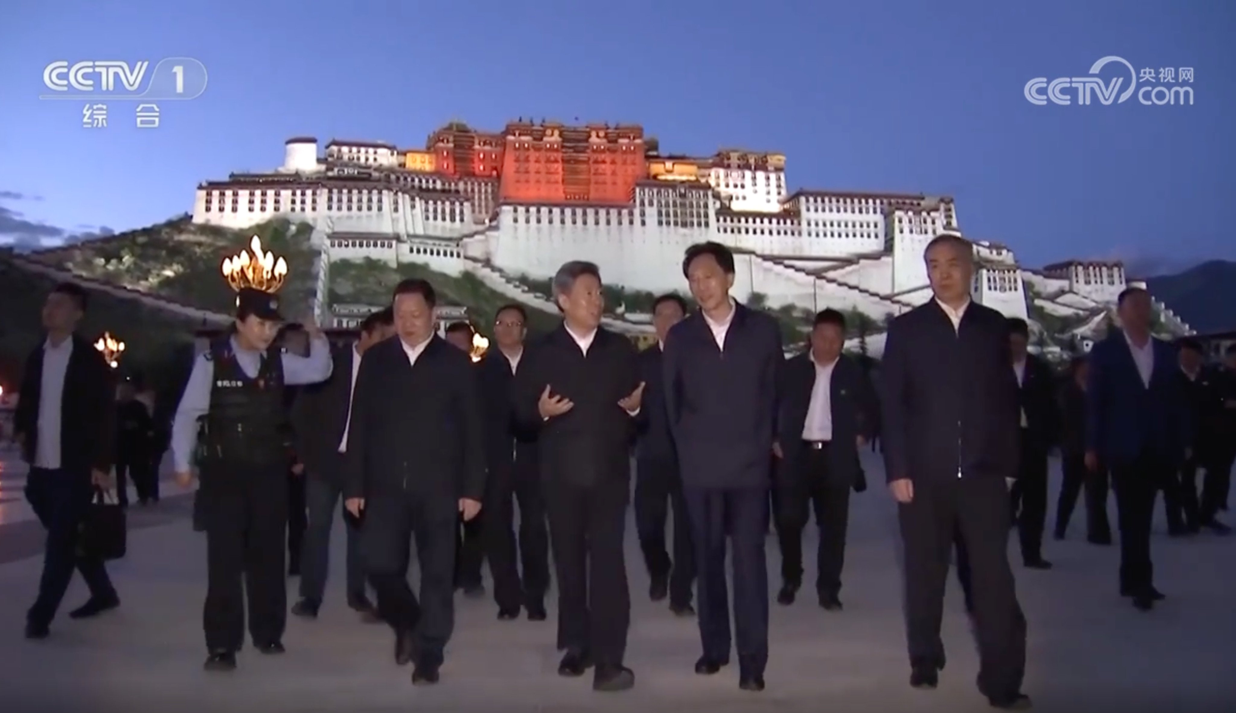 Chen Wenqing (third from right), head of the Central Political and Legal Affairs Commission, in Lhasa, as part of his tour of Tibet and Sichuan’s Ganzi prefecture. Photo: CCTV