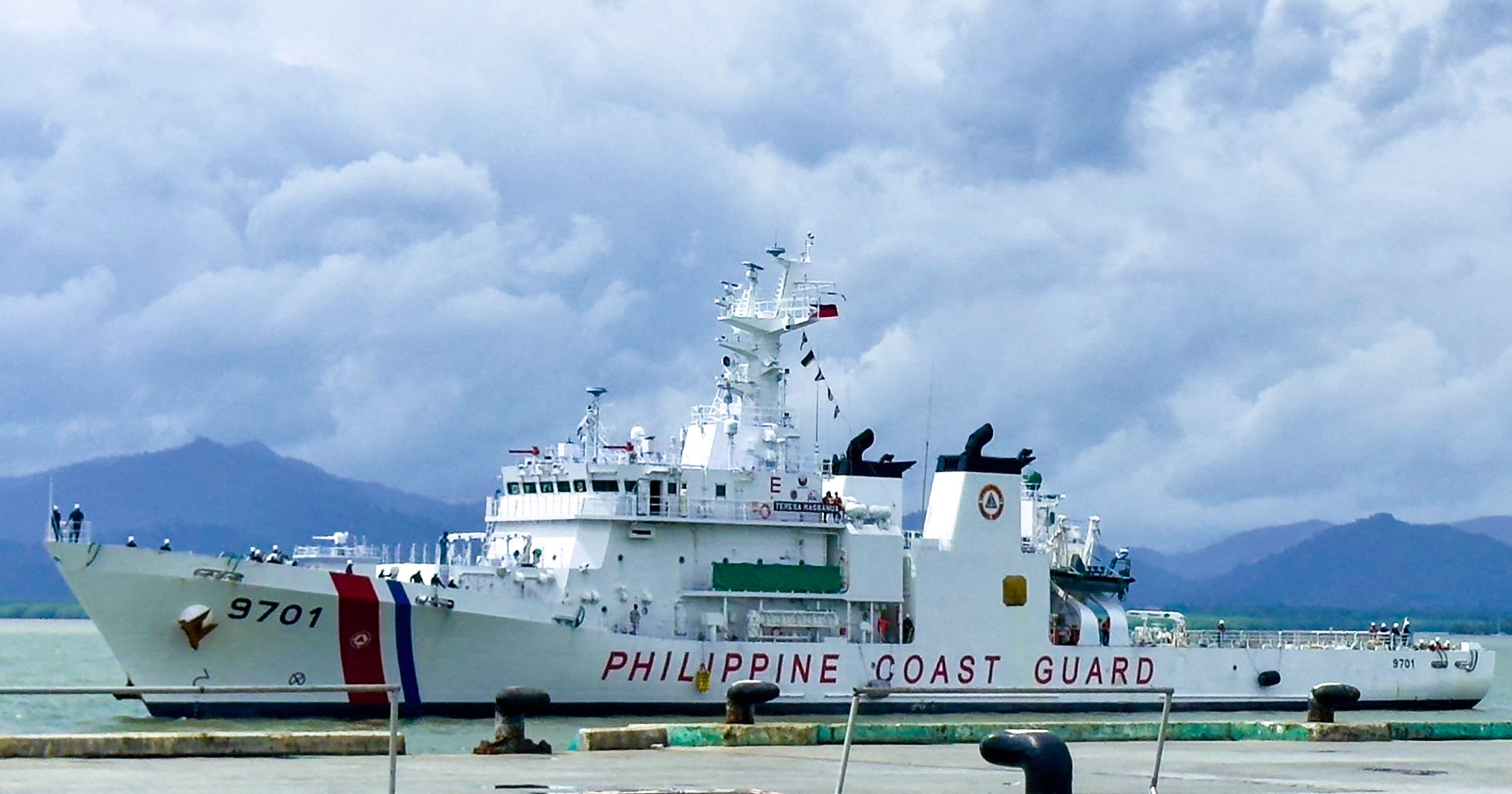 The BRP Teresa Magbanua arrives at a port in Puerto Princesa in the Philippines on Sunday after spending months anchored at a South China Sea reef also claimed by Beijing. Photo: AFP / Philippine Coast Guard (PCG)