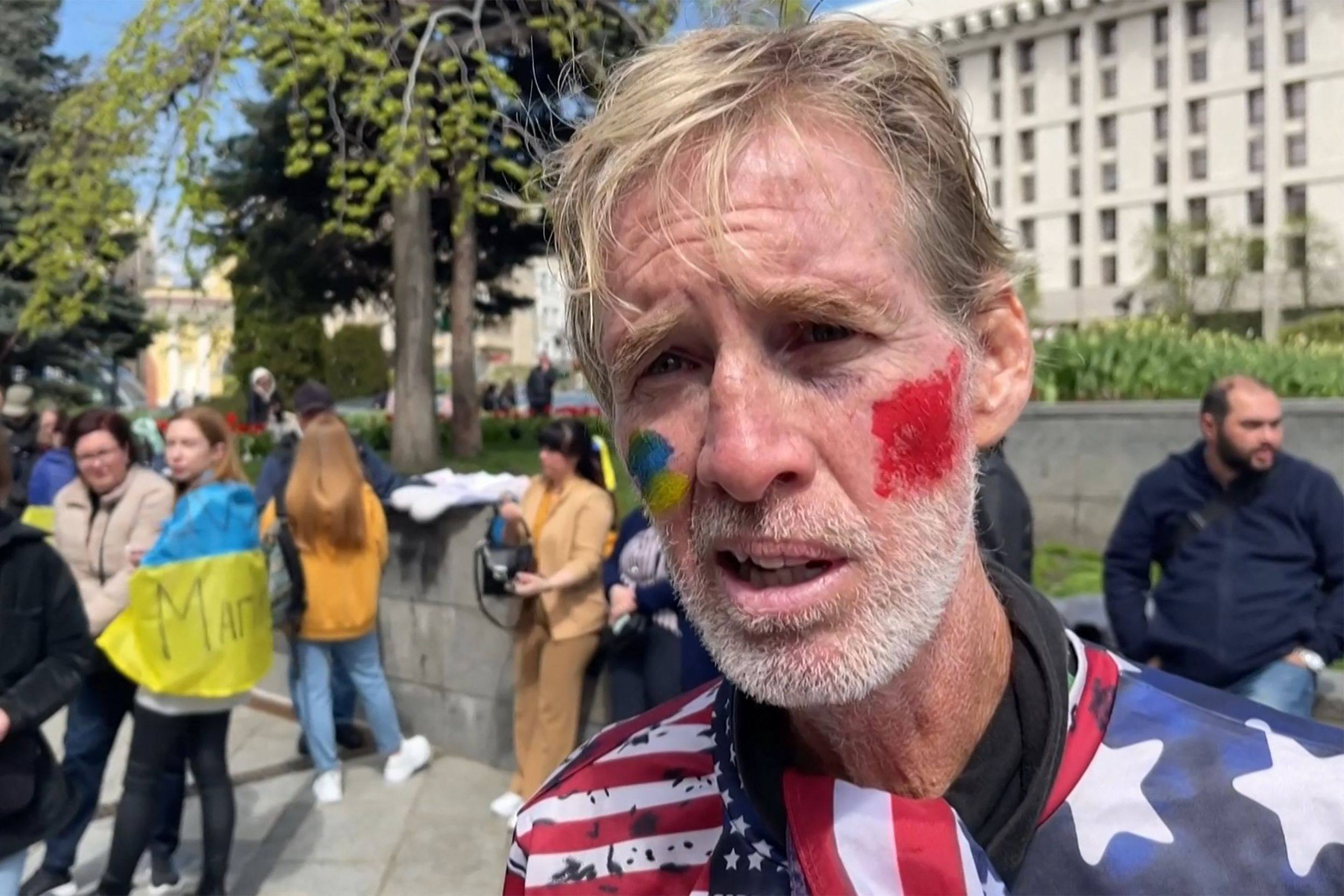 Ryan Routh speaks during an interview at a rally to urge foreign leaders and international organisations to help provide humanitarian corridors for the evacuation of civilians and Ukrainian servicemen from Mariupol in central Kyiv on April 27, 2022. Photo: AFP