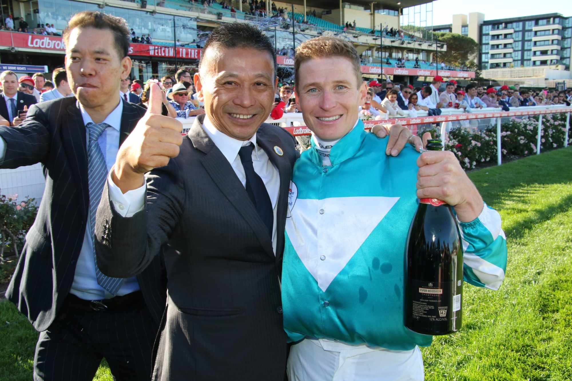 Trainer Danny Shum and jockey James McDonald celebrate Romantic Warrior’s win in the Group One Cox Plate (2,040m) last October. Photo: Pun Kwan