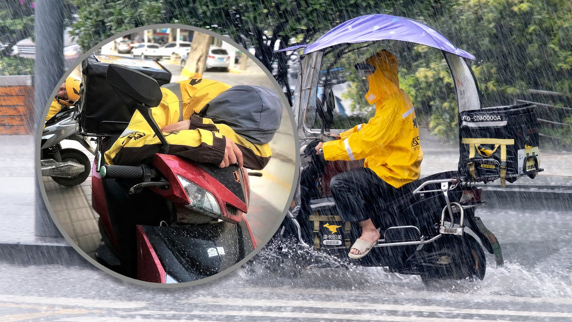 The death of a 50-year-old delivery man in China while napping between orders has reignited debates about the harsh working conditions faced by these workers. Photo: SCMP composite/Shutterstock/Baidu