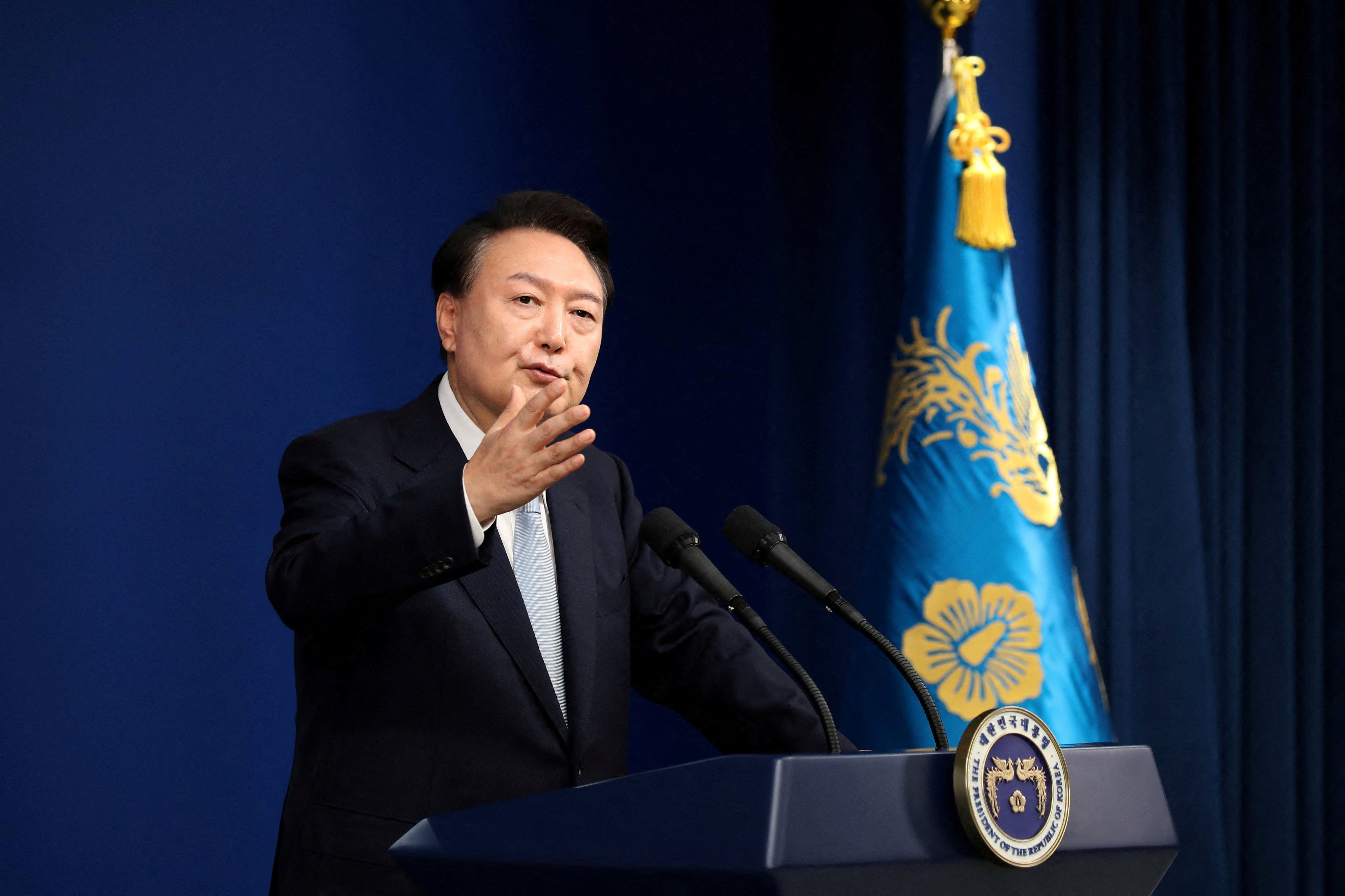 South Korean President Yoon Suk-yeol speaks at the presidential office in Seoul. Photo: Reuters