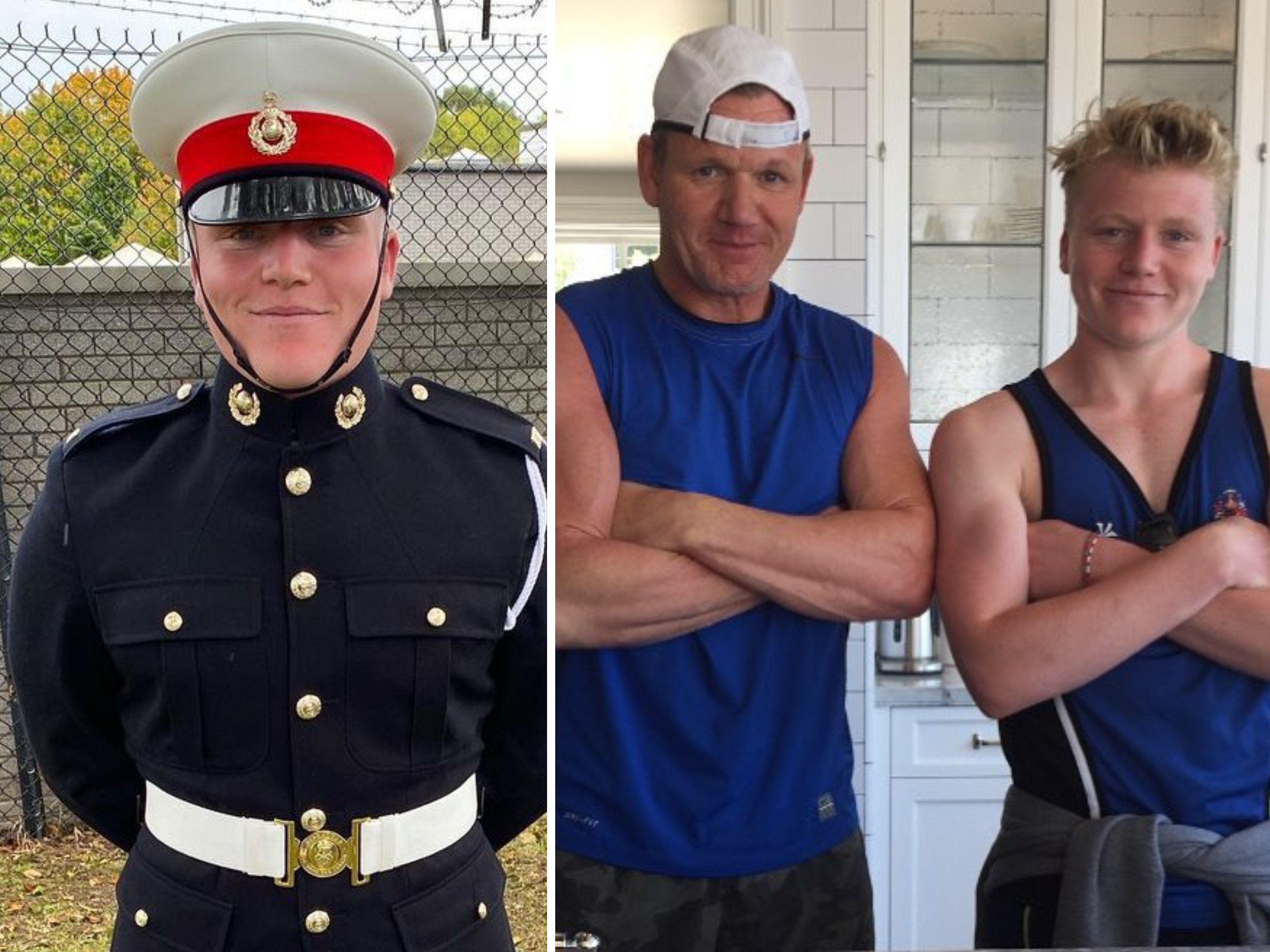 Jack Ramsay in his Royal Marines uniform, and pictured with his father, Gordon Ramsay. Photos: @tanaramsay, @gordongram/Instagram