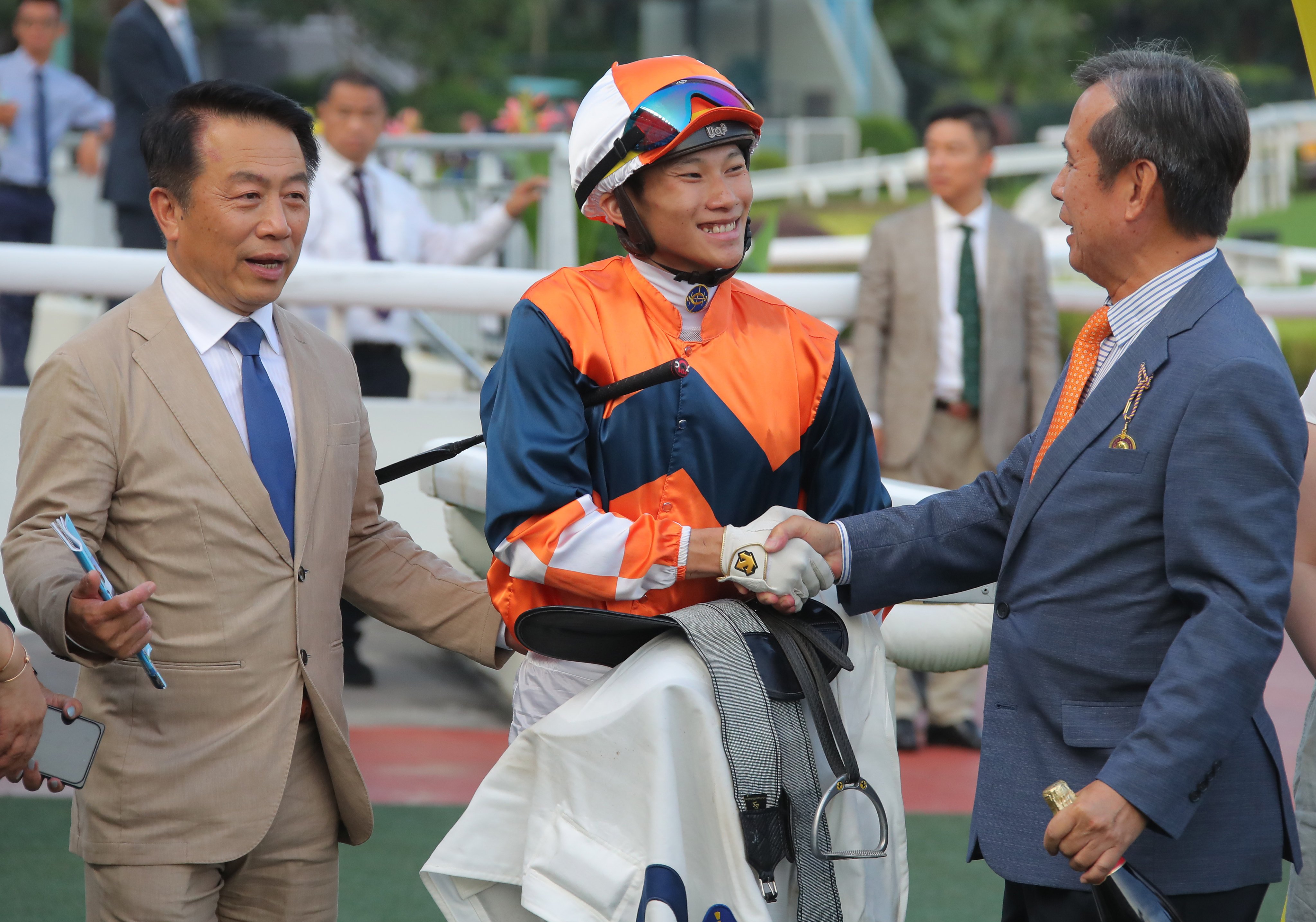 Trainer Ricky Yiu, jockey Jerry Chau and connections of Sunlight Power celebrate his first-up win at Sha Tin. Photos: Kenneth Chan