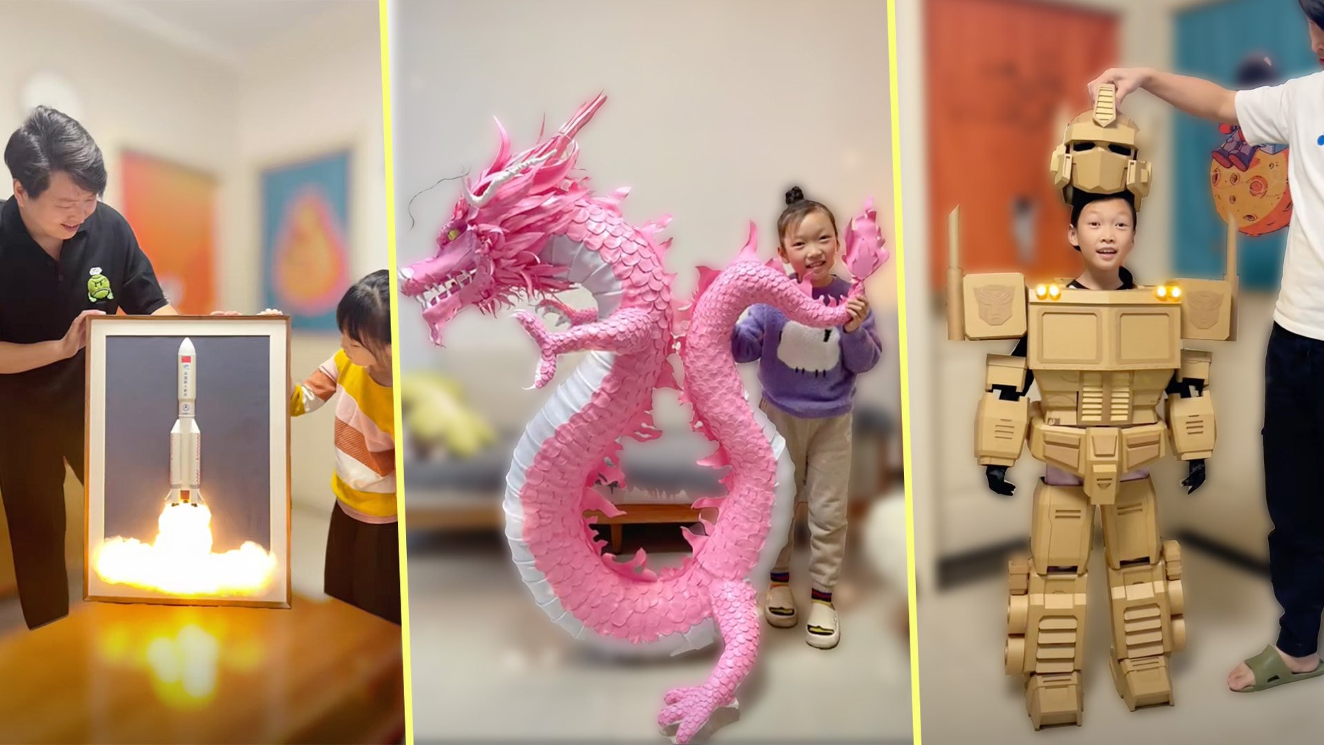 A Chinese father, worried about his daughter’s screen time, made nearly 300 homemade toys to compete for her attention. Photo: SCMP composite/Douyin