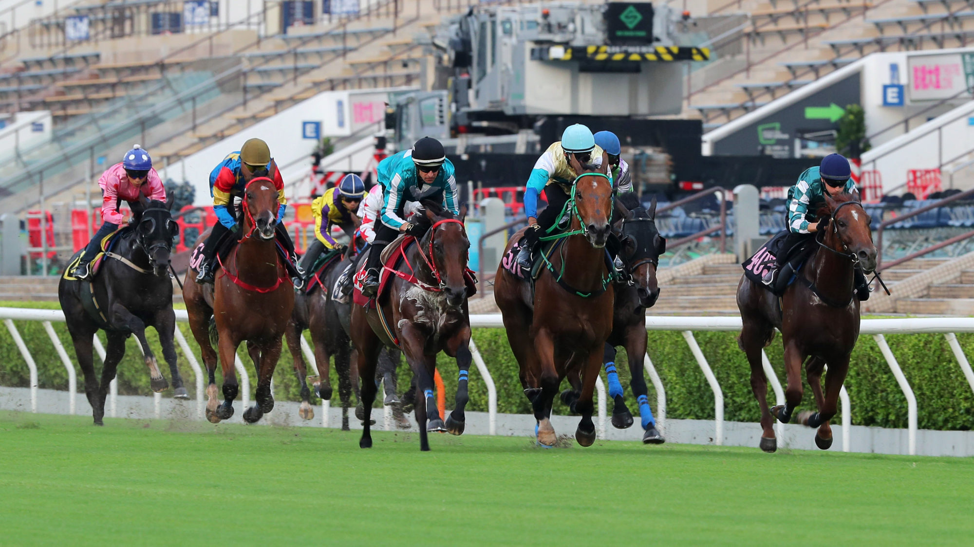 Hugh Bowman puts Romantic Warrior (black cap) through his paces in Tuesday’s Sha Tin trial.