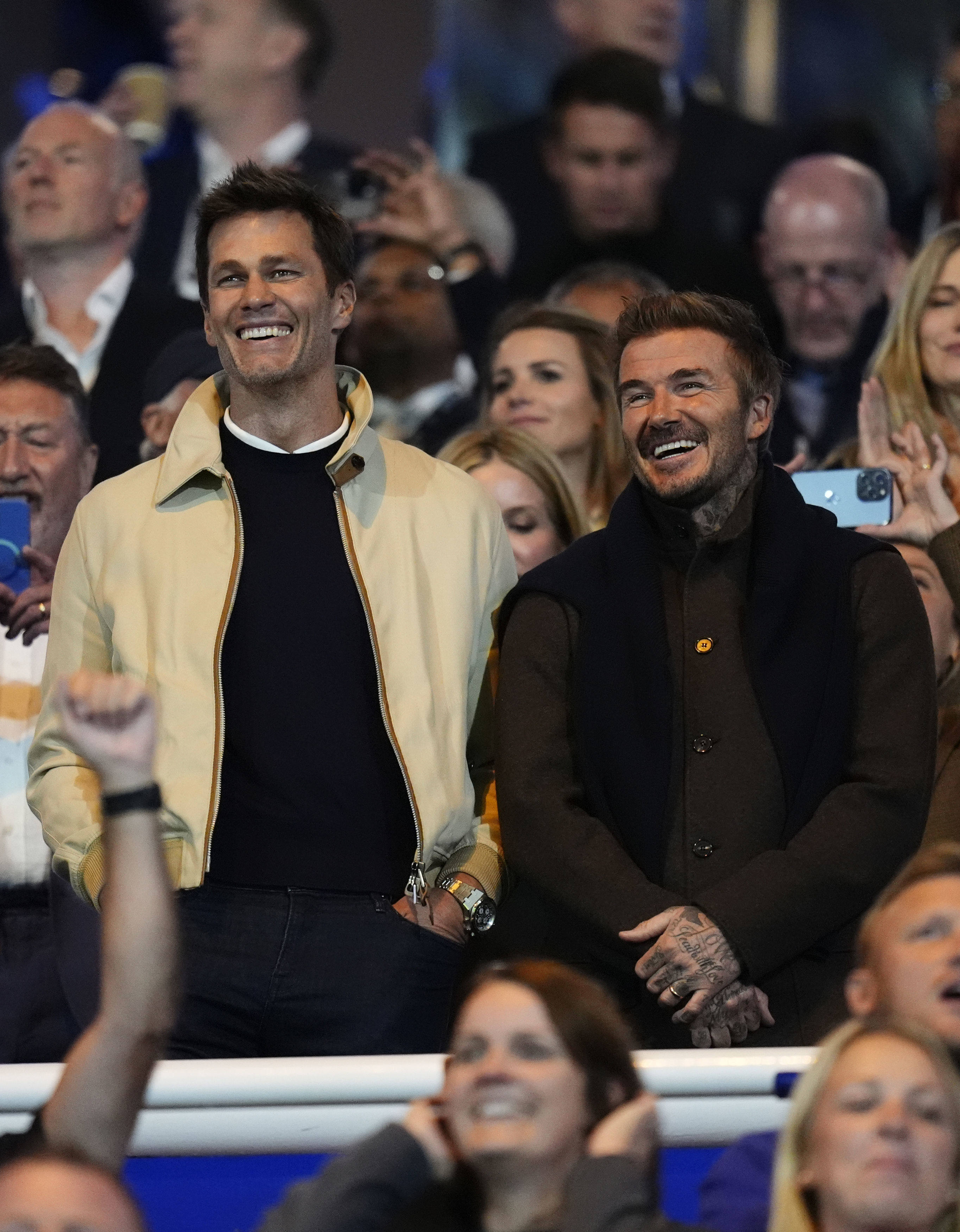 Birmingham City stakeholder Tom Brady (left) talks with Inter Miami co-owner David Beckham in the stands before the game at St Andrew’s. Photo: AP