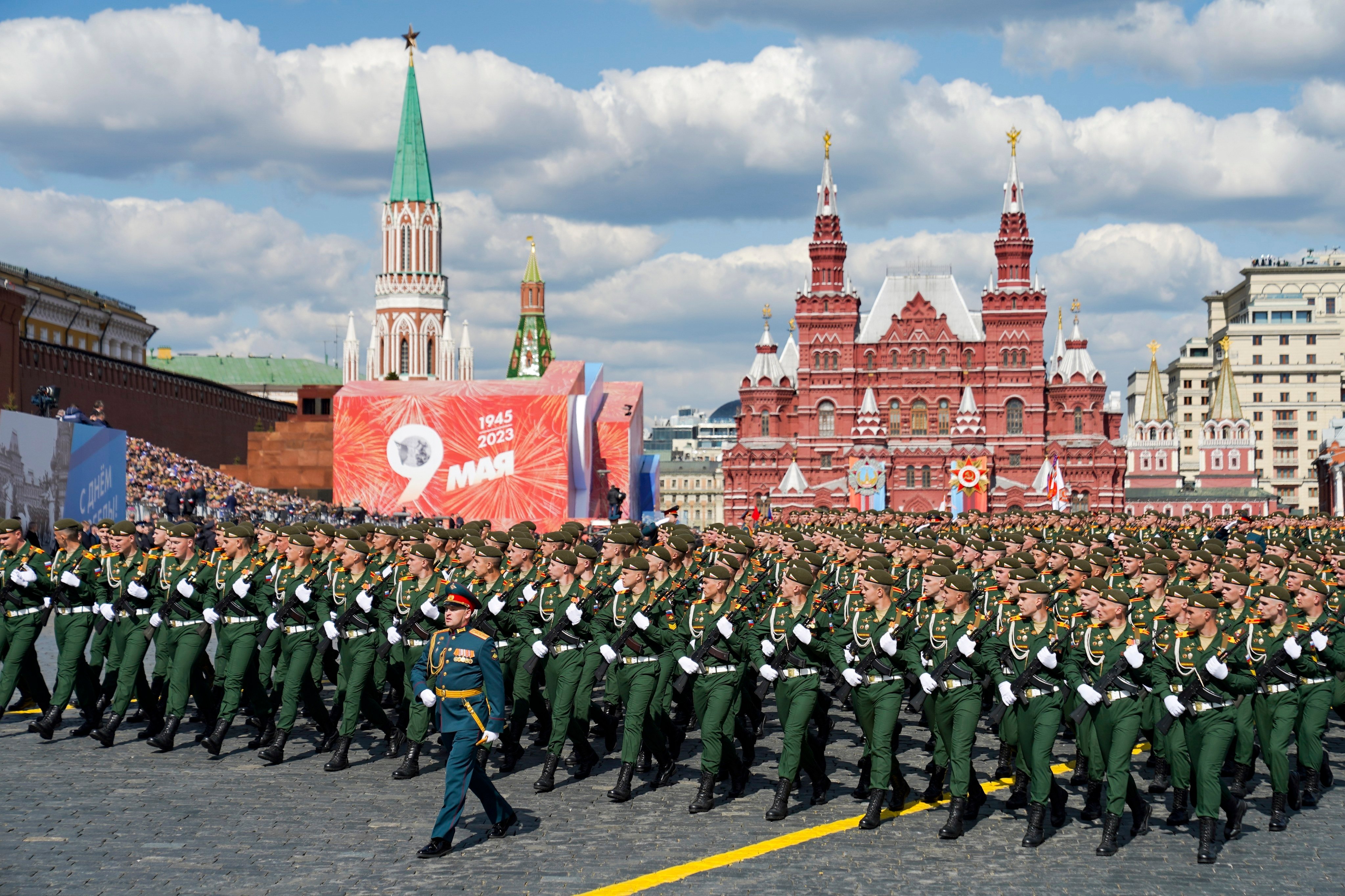 Russian soldiers march in Red Square during the Victory Day military parade in Moscow. On Monday Putin ordered the regular size of the army to be increased by 180,000 troops to 1.5 million active servicemen. Photo: M24 / Moscow News Agency via AP