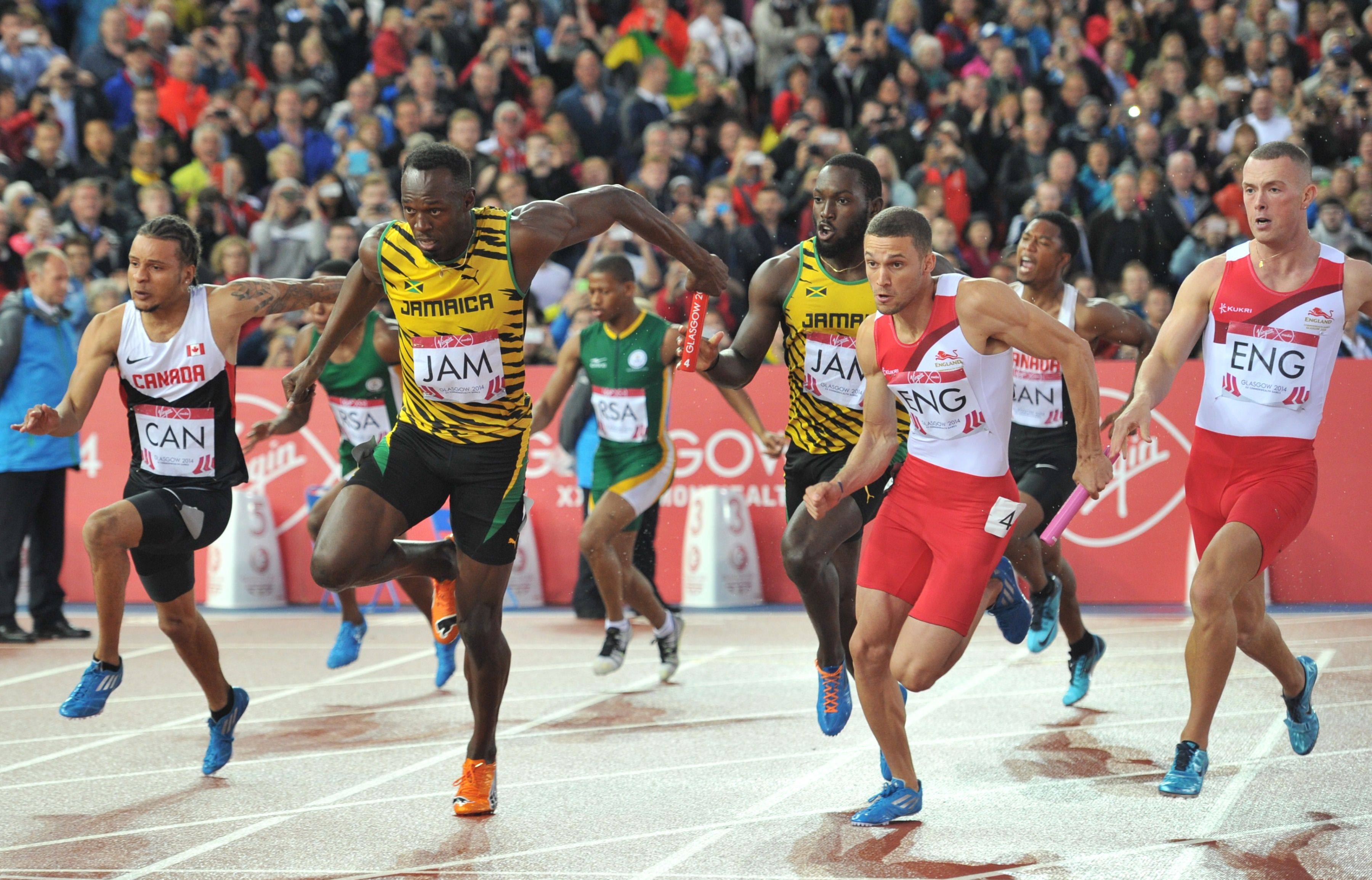 Usain Bolt (centre) leads Jamaica to victory in 4x100m relay at the 2014 Commonwealth Games in Glasgow. Athletics and swimming are the only two sports guaranteed to be held in 2026. Photo: AFP