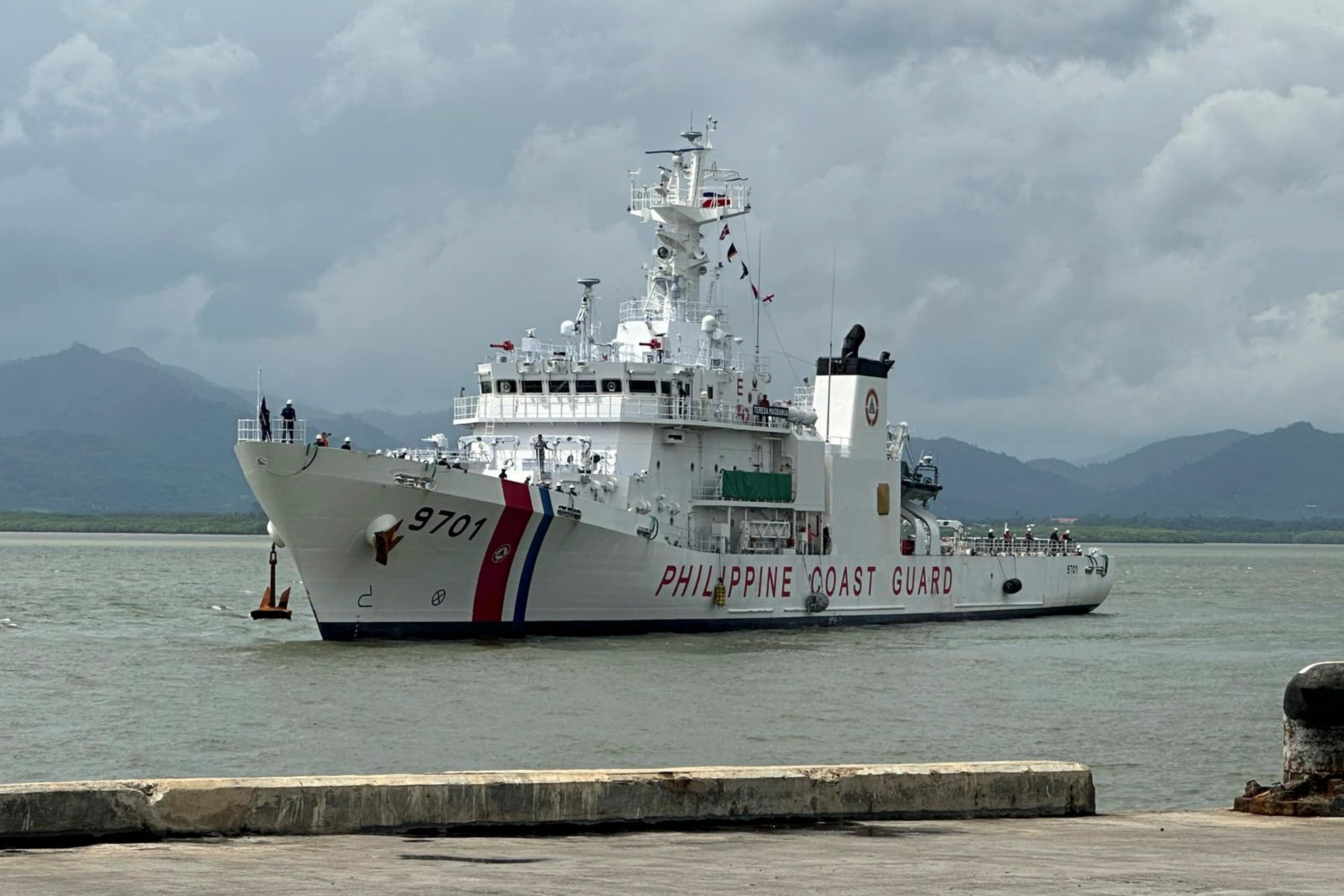 The Philippine coast guard vessel BRP Teresa Magbanua prepares to dock at Puerto Princesa, Palawan province, Philippines on September 15, 2024. Photo: Philippine Coast Guard via AP