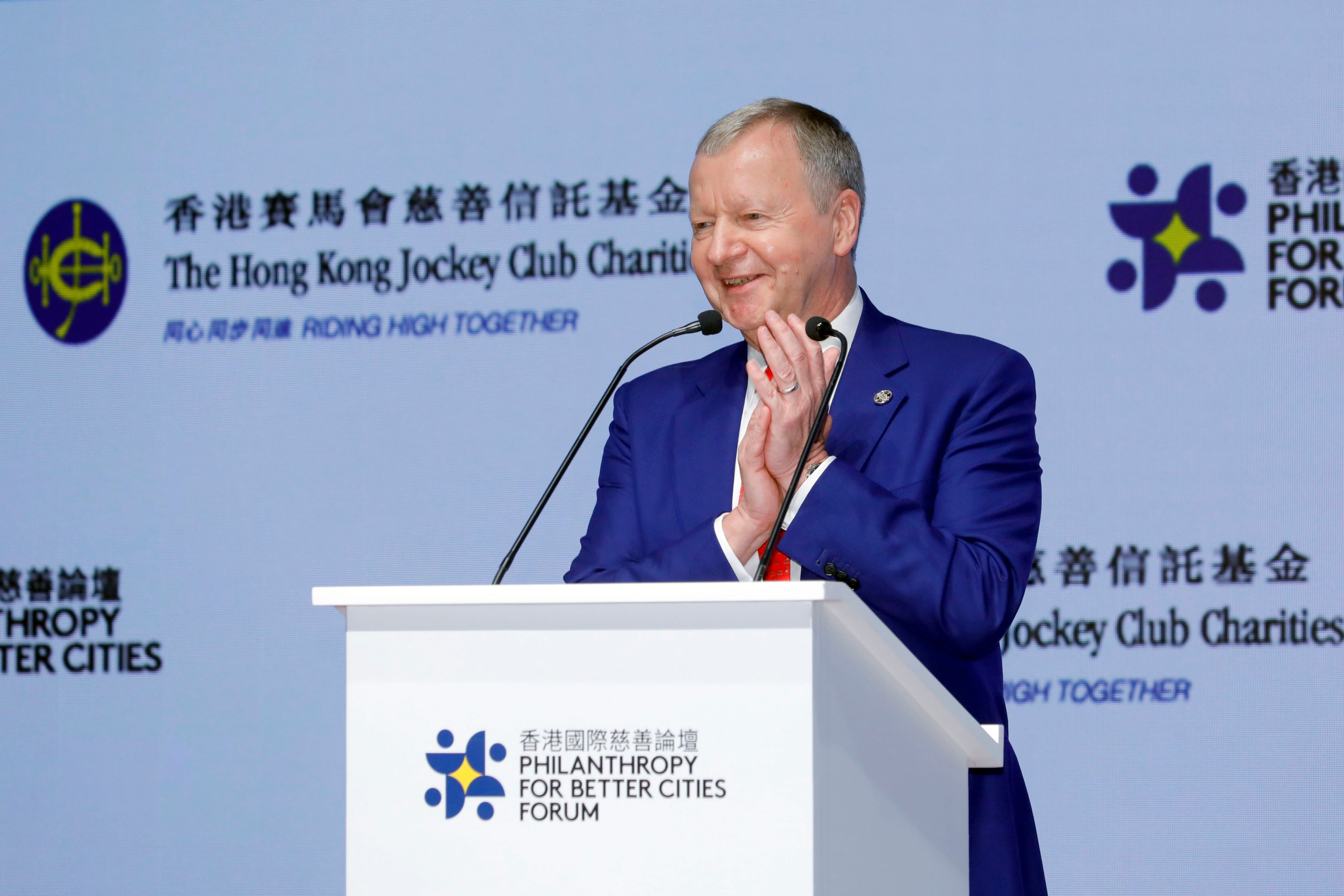 The Hong Kong Jockey Club CEO Winfried Engelbrecht-Bresges delivers the closing remarks at the Philanthropy for Better Cities Forum. Photo: SCMP