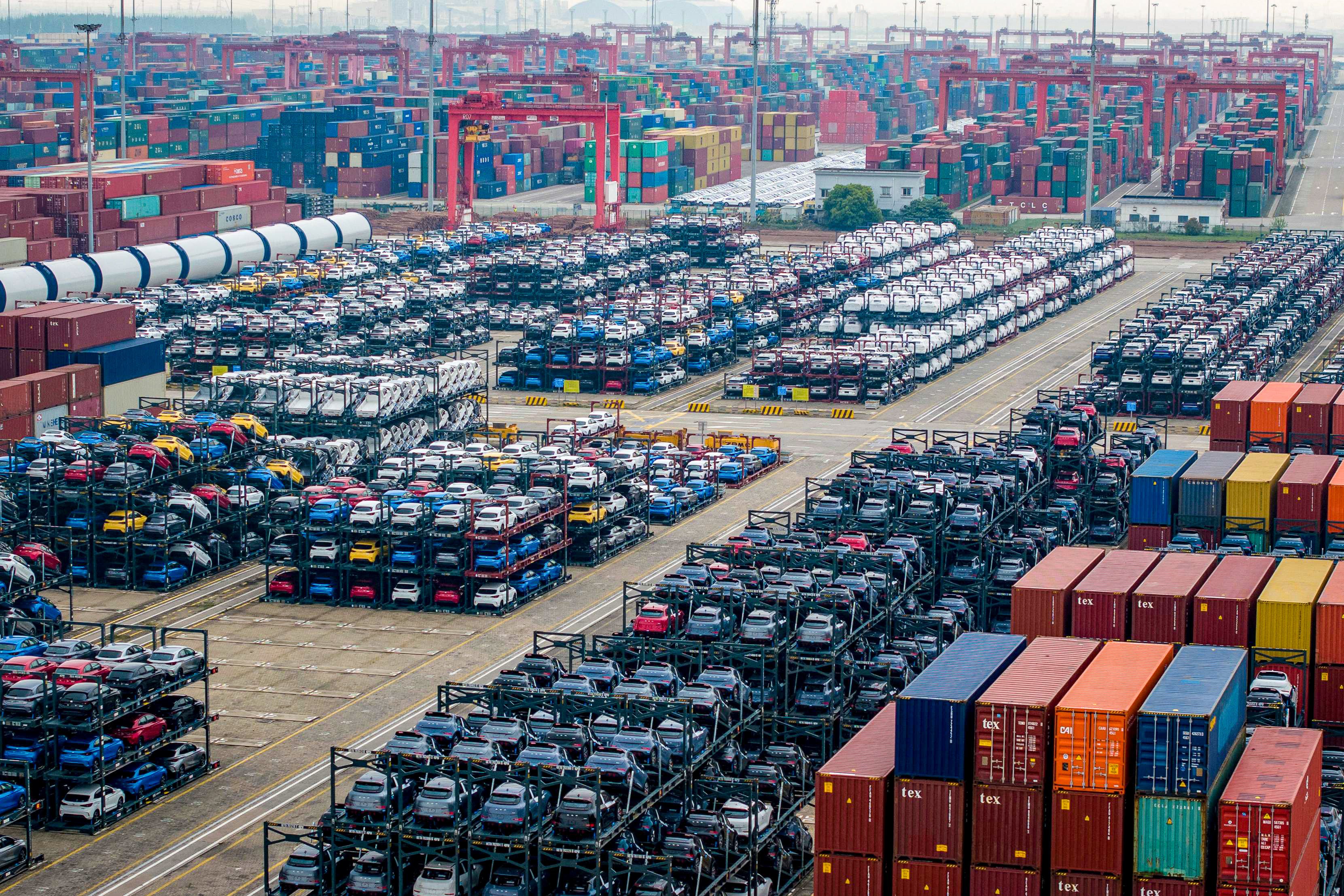 Electric cars for export are stacked at the international container terminal of Taicang Port in Suzhou, China, in April. Photo: AFP