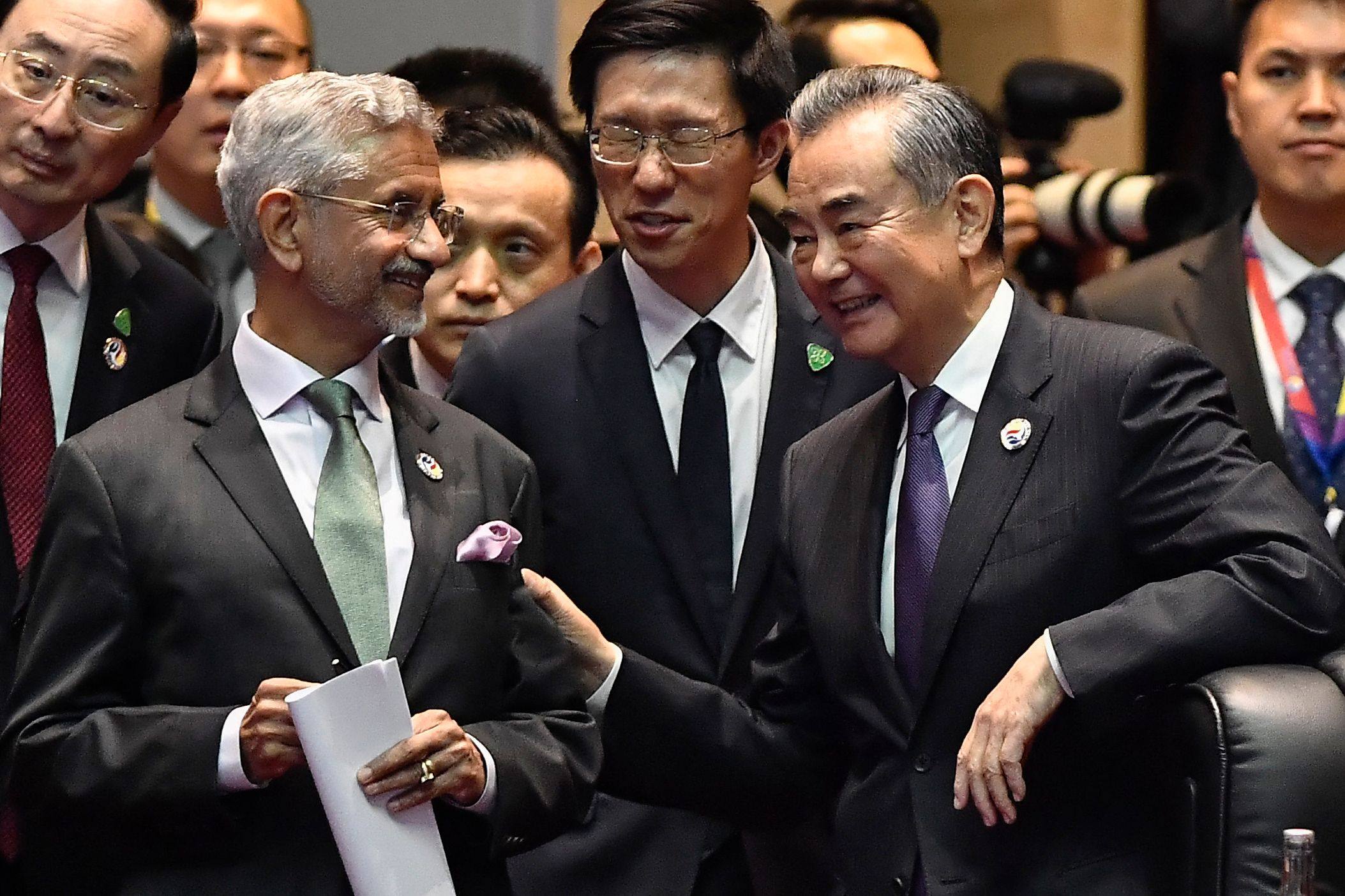 India’s Minister of External Affairs S. Jaishankar (centre left) and China’s Wang Yi during a meeting in Vientiane in July. Photo: AFP