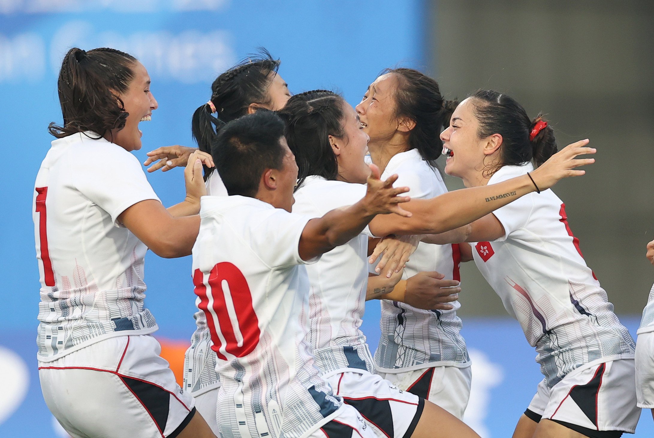 Hong Kong’s women celebrate winning bronze at the Asian Games in Hangzhou. The side are back in the Chinese city this weekend for the second leg of the Asia Rugby Sevens Series. Photo: Xinhua