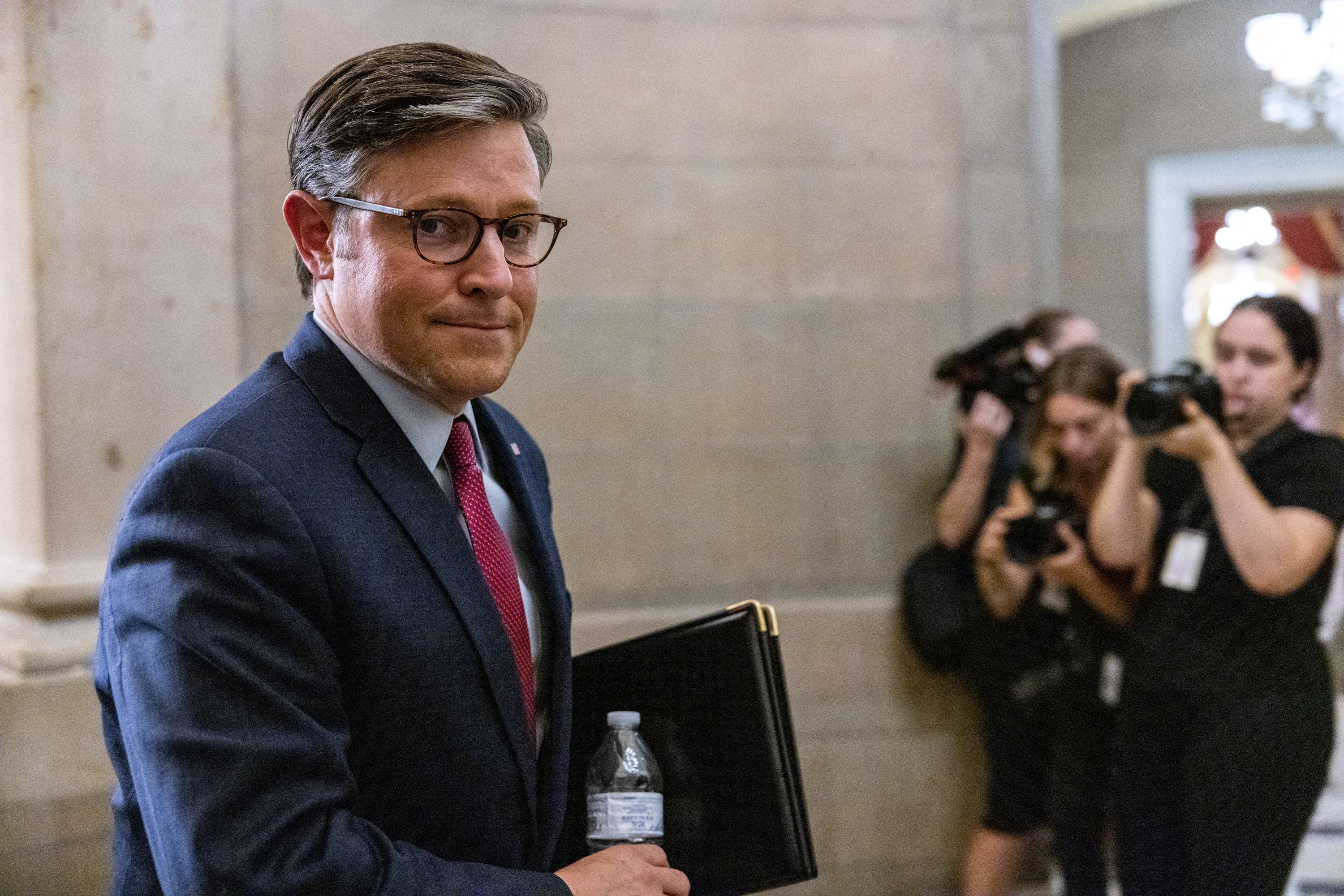 US Speaker of the House Mike Johnson heads to his office on Capitol Hill in Washington on Wednesday. Photo: Reuters