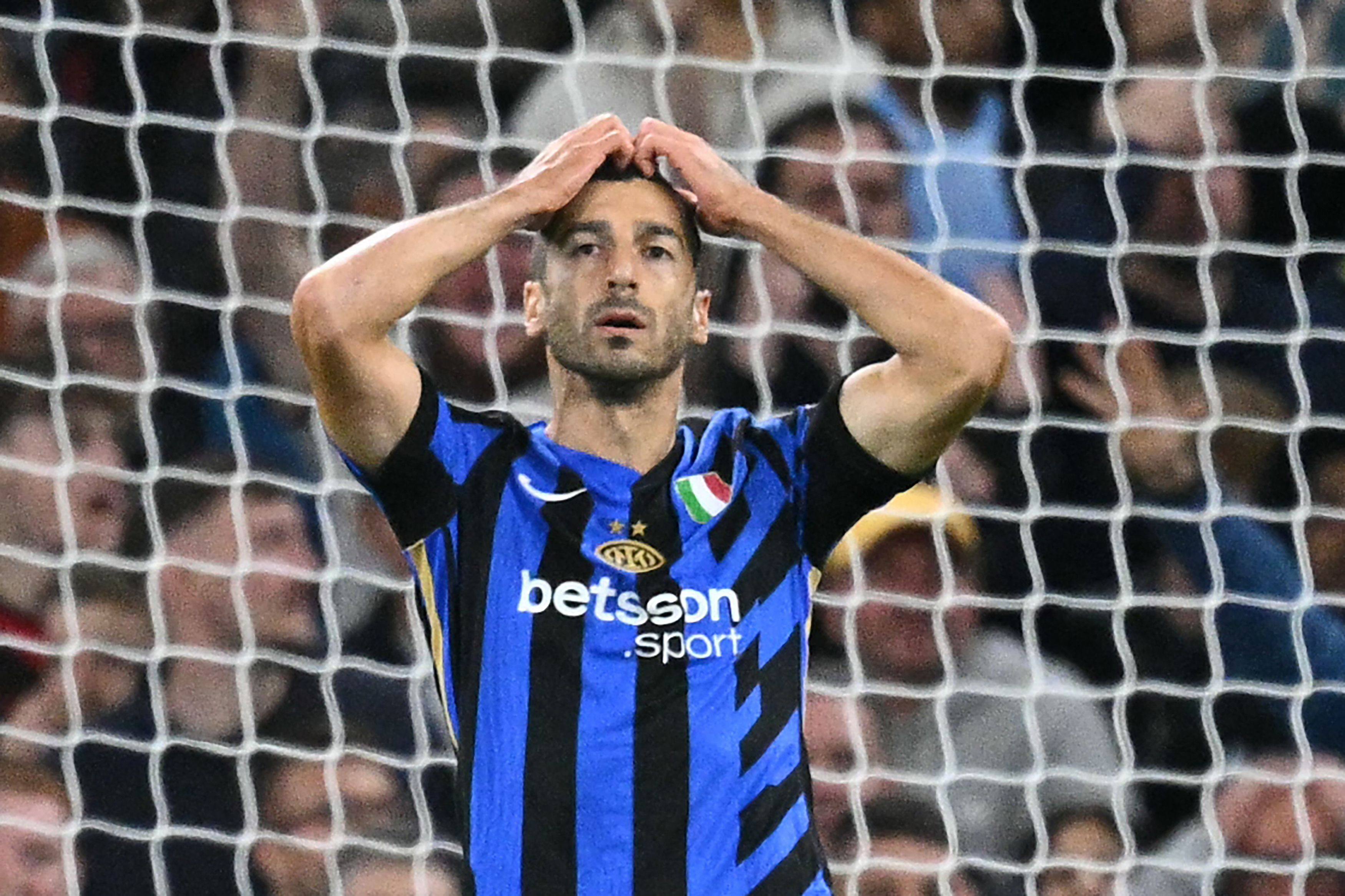 Inter Milan’s Henrikh Mkhitaryan reacts after missing a chance against  Manchester City at the Etihad Stadium. Photo: AFP