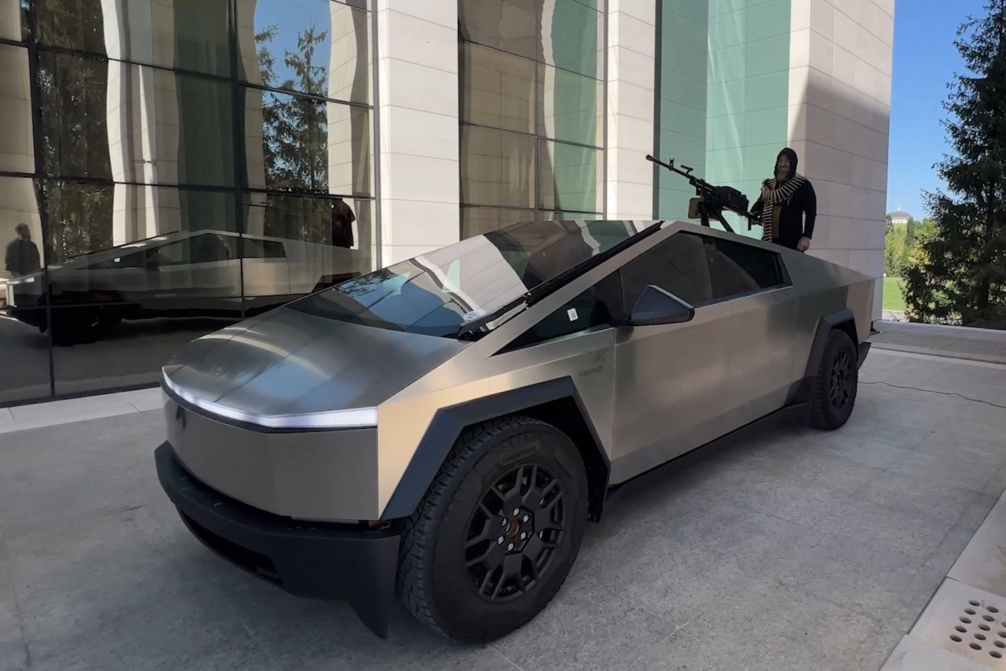 Ramzan Kadyrov stands atop a gun-mounted Tesla Cybertruck in Grozny, Chechnya. Photo: Telegram/rkadyrov_95 via AFP